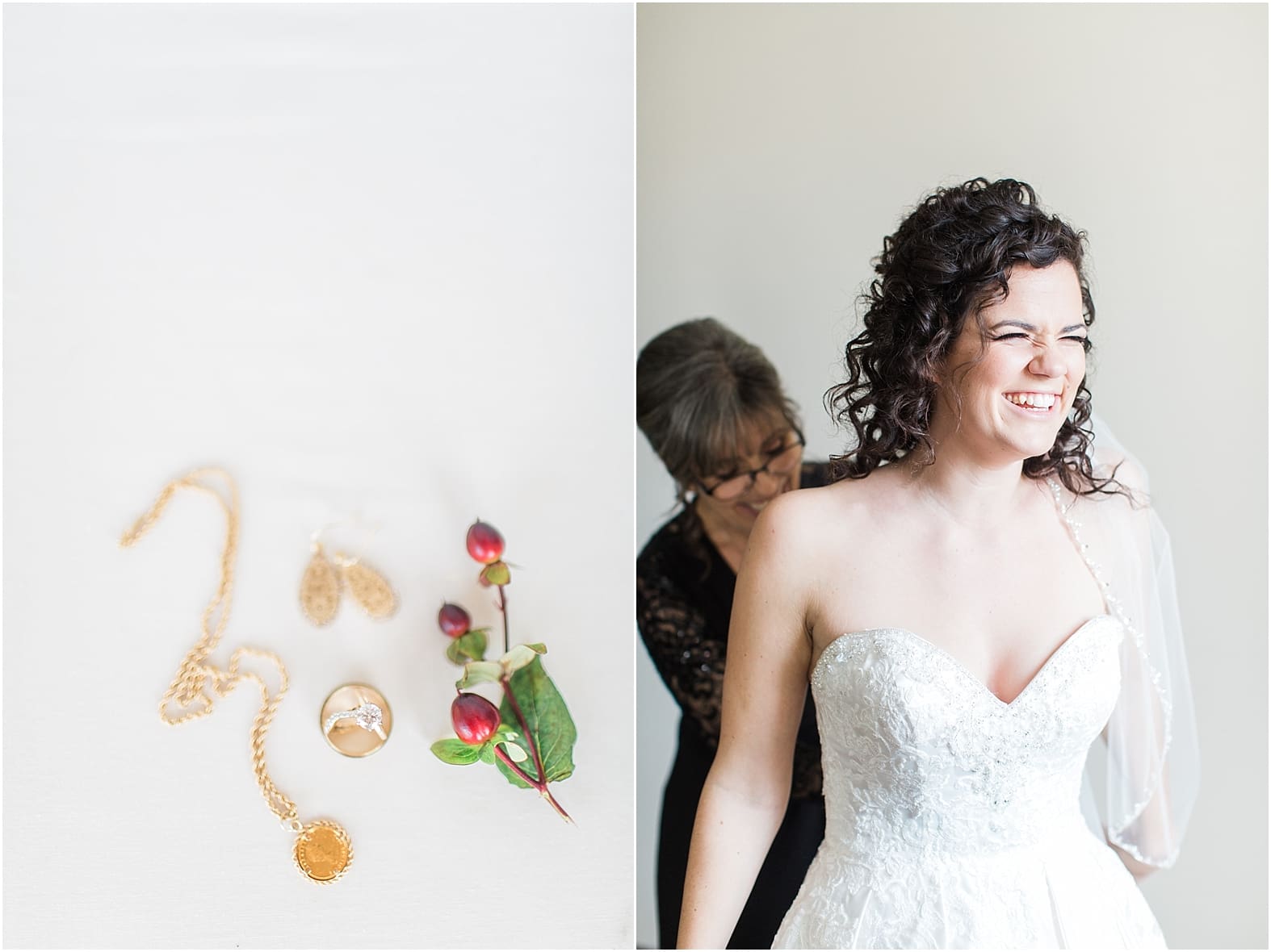 Arielle Peters Photography | Mother of bride helping bride put on dress on wedding day at Baker Street Train Station in Fort Wayne, Indiana.