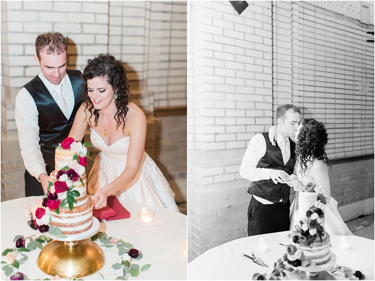 Arielle Peters Photography | Bride and groom cutting wedding cake at wedding reception at Baker Street Train Station in Fort Wayne, Indiana.