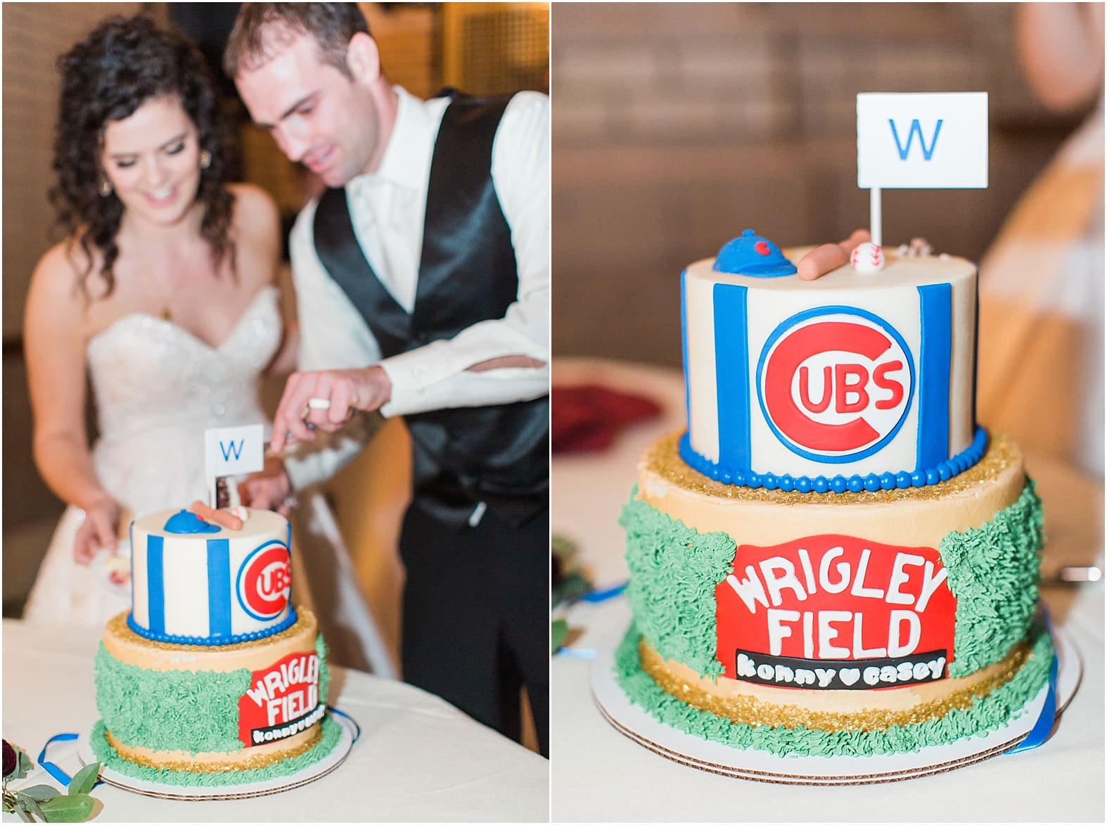 Arielle Peters Photography | Bride and groom cutting Cubs W cake at wedding reception at Baker Street Train Station in Fort Wayne, Indiana.