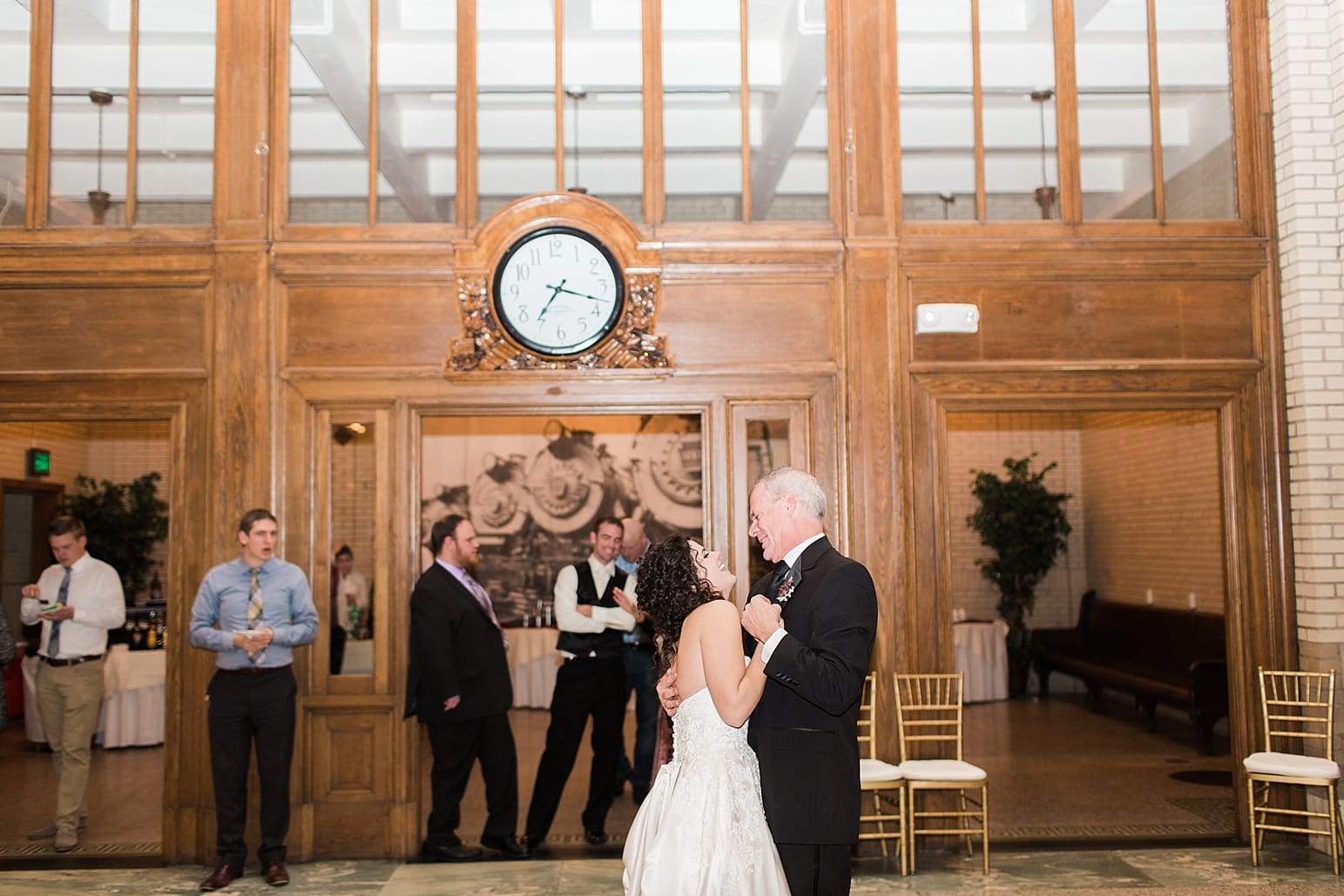 Arielle Peters Photography | Father of bride and bride dancing at wedding reception at Baker Street Train Station in Fort Wayne, Indiana.