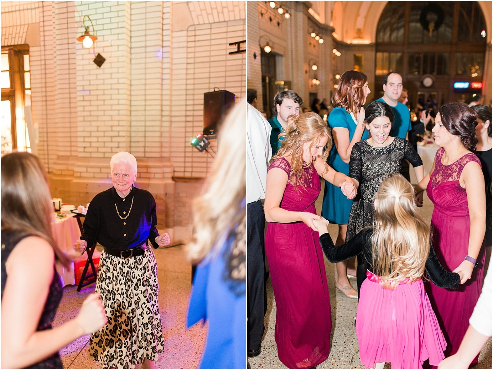 Arielle Peters Photography | Bride and groom dancing with guests at wedding reception at Baker Street Train Station in Fort Wayne, Indiana.