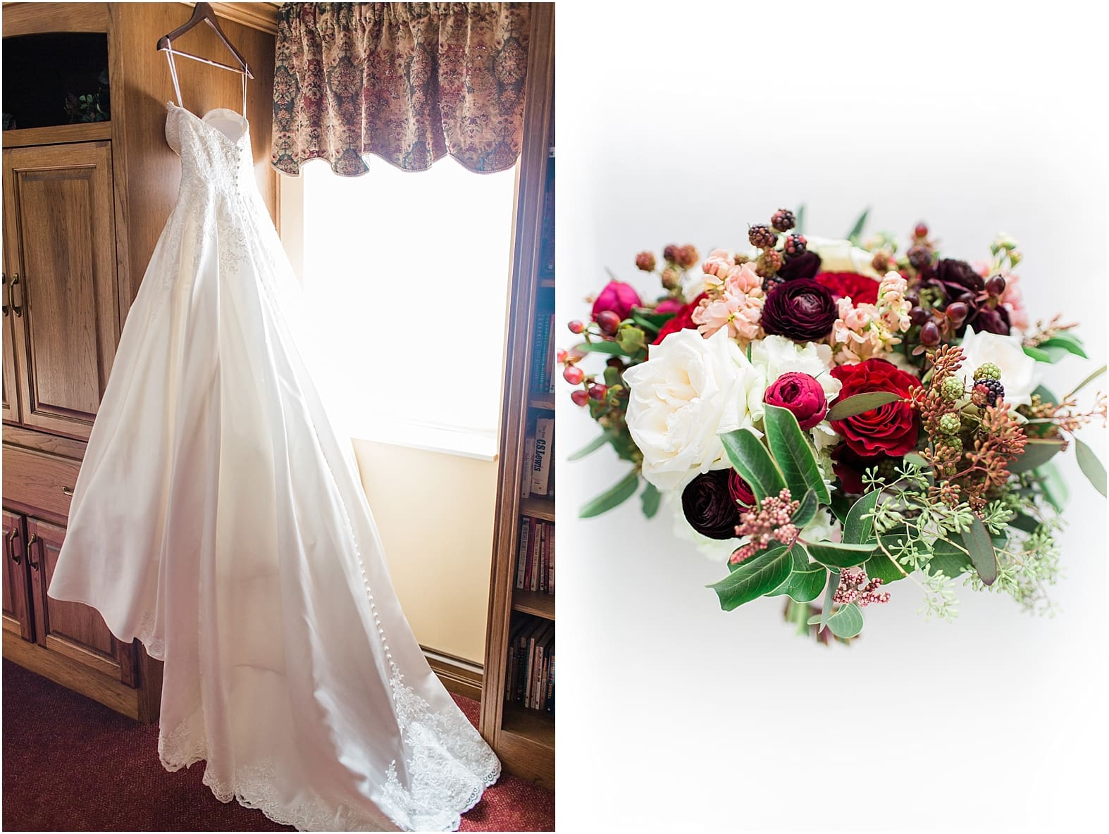 Arielle Peters Photography | Dark red rose bridal bouquet on wedding day at Baker Street Train Station in Fort Wayne, Indiana.