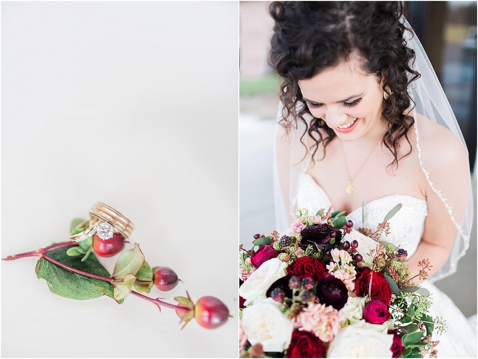 Arielle Peters Photography | Bride holding dark red floral bouquet on wedding day at Baker Street Train Station in Fort Wayne, Indiana.
