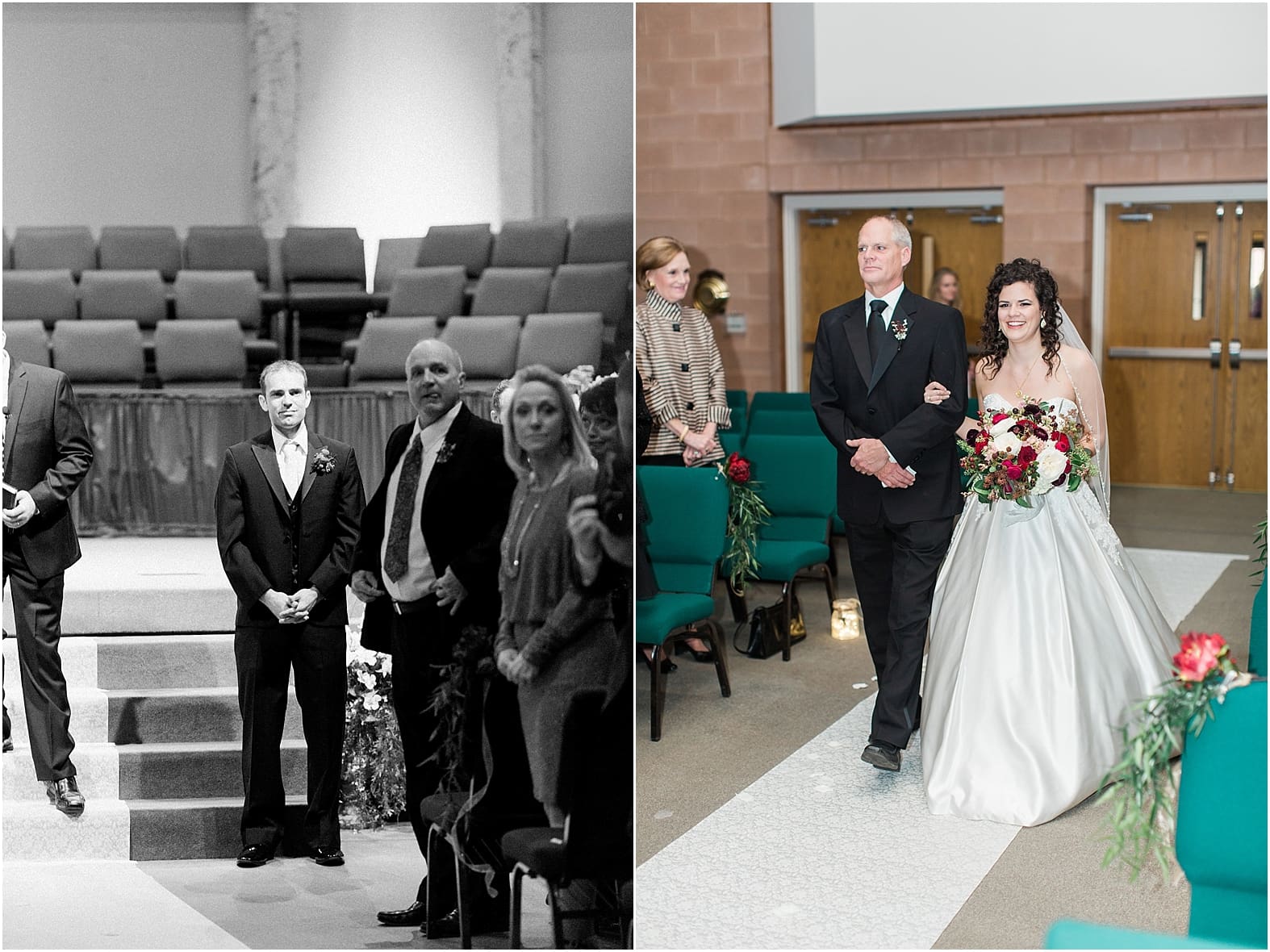 Arielle Peters Photography | Father of bride walking bride down the aisle on wedding day at Baker Street Train Station in Fort Wayne, Indiana.