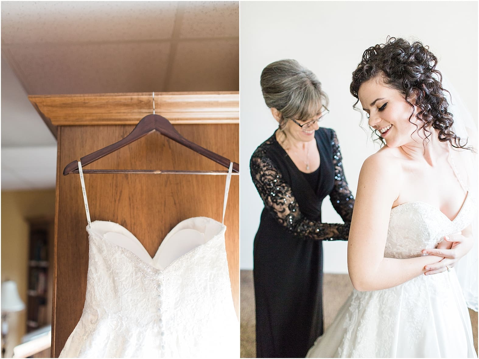 Arielle Peters Photography | Mother of bride helping bride put on dress on wedding day at Baker Street Train Station in Fort Wayne, Indiana.