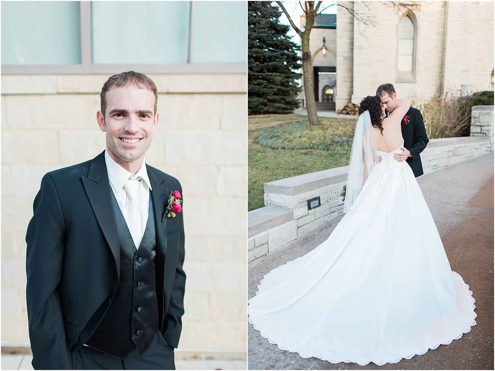 Arielle Peters Photography | Bride and groom outside cathedral church on wedding day at Baker Street Train Station in Fort Wayne, Indiana.