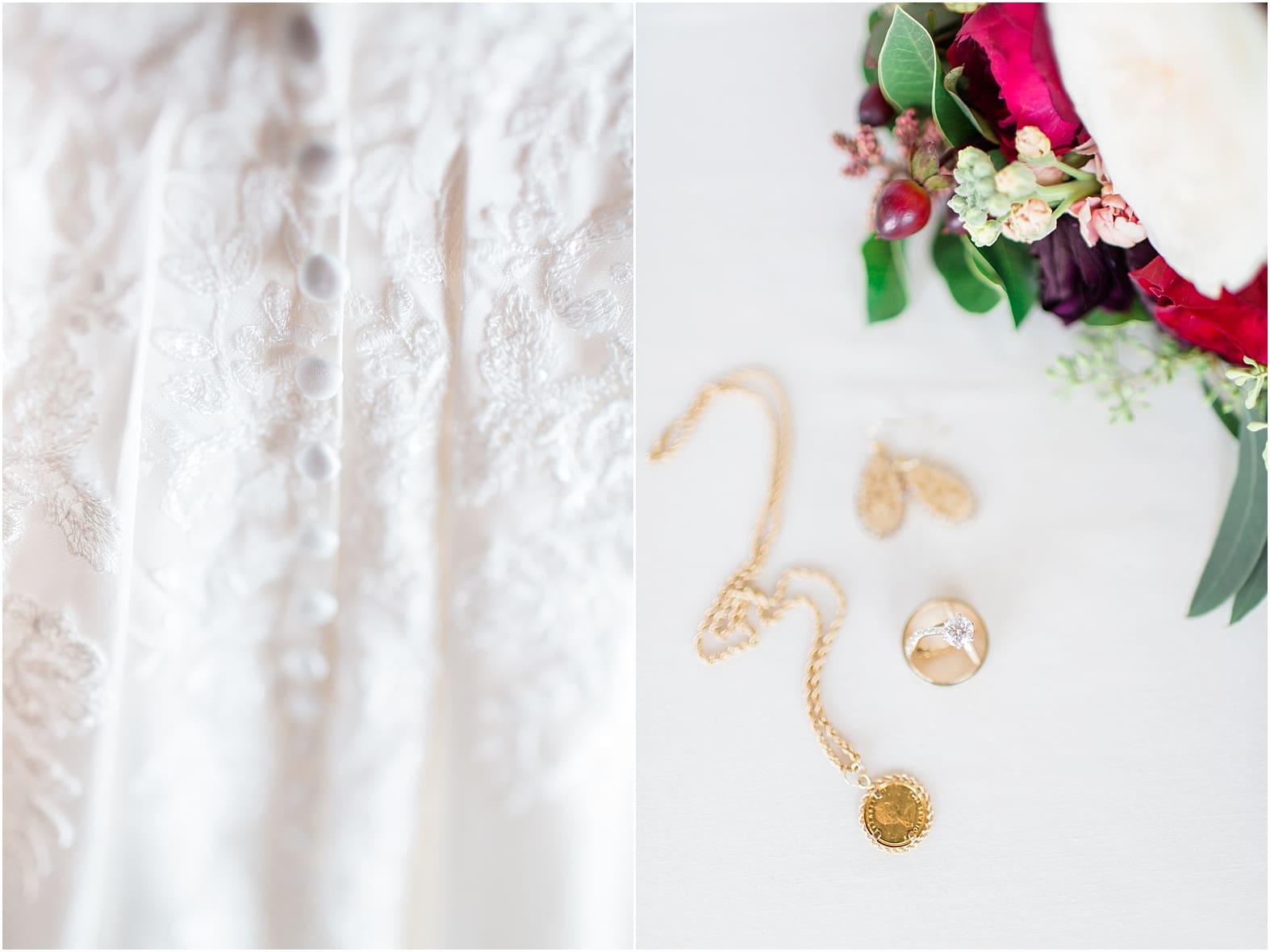 Arielle Peters Photography | Bridal bouquet and jewelry on wedding day at Baker Street Train Station in Fort Wayne, Indiana.