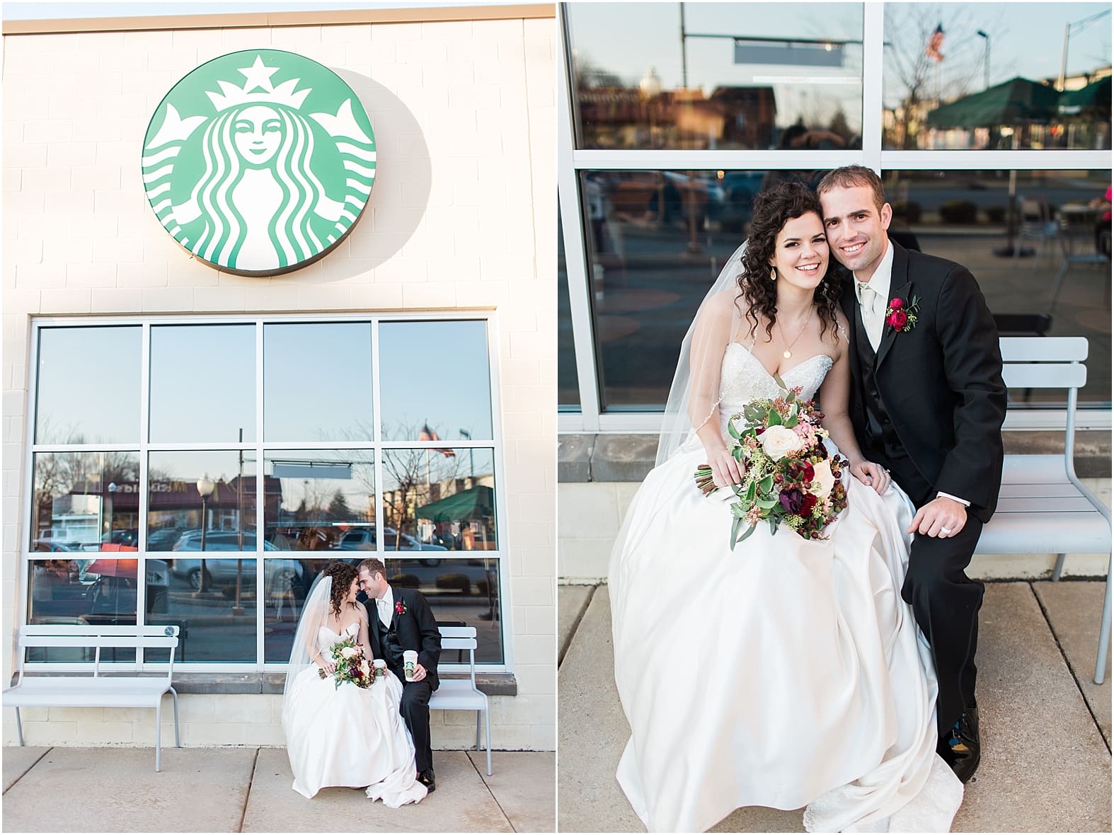 Arielle Peters Photography | Bride and groom outside Starbucks on wedding day at Baker Street Train Station in Fort Wayne, Indiana.