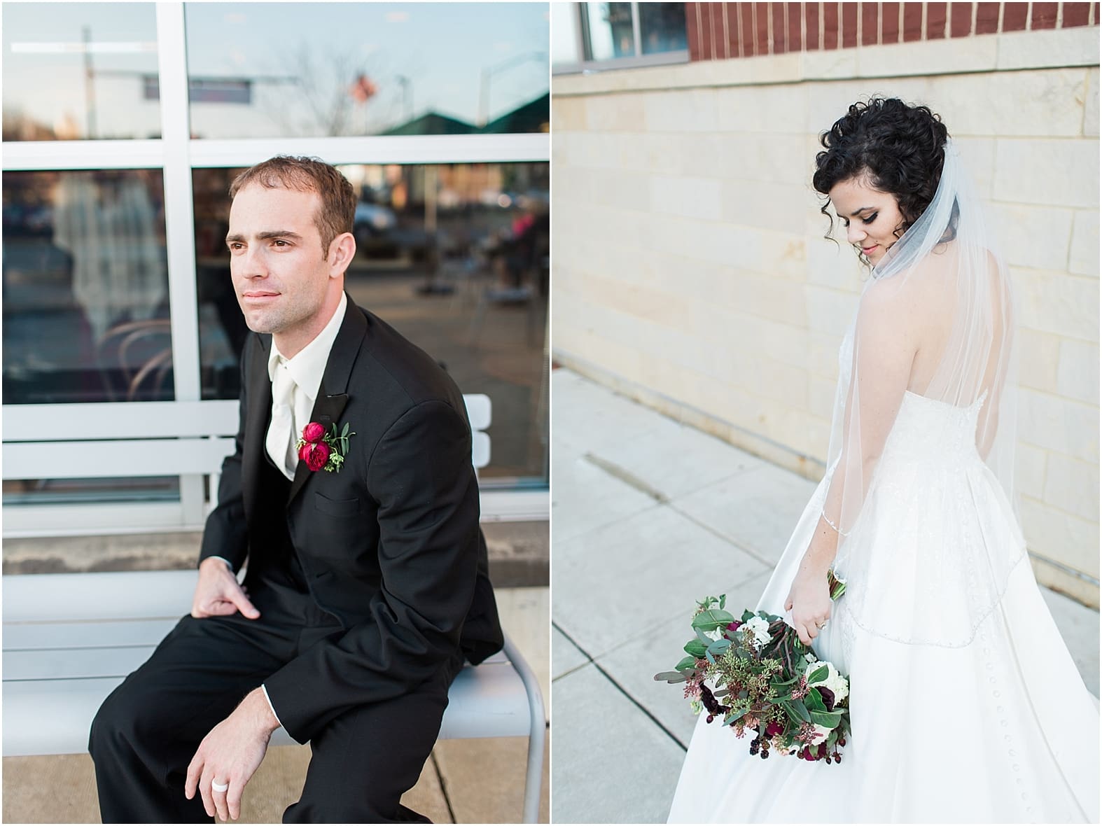Arielle Peters Photography | Bride and groom outside Starbucks on wedding day at Baker Street Train Station in Fort Wayne, Indiana.