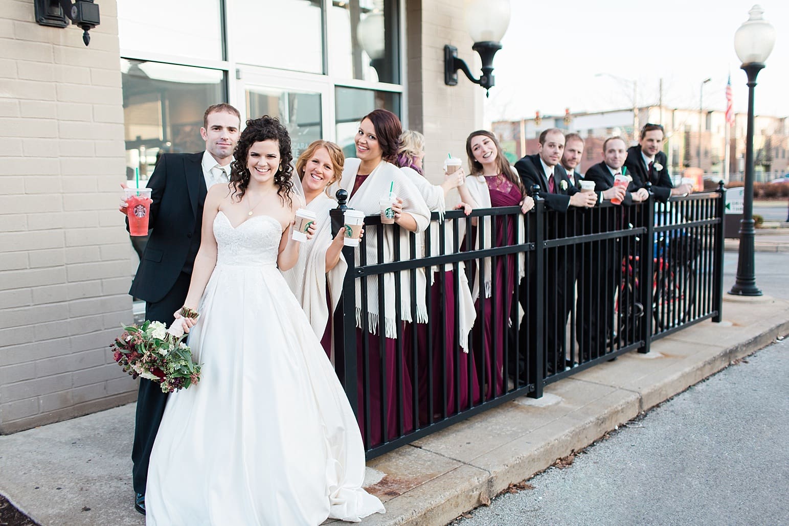 Arielle Peters Photography | Wedding party at Starbucks on wedding day at Baker Street Train Station in Fort Wayne, Indiana.