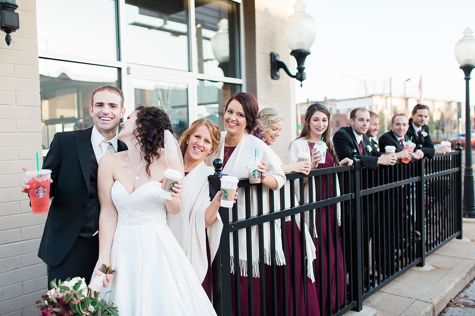 Arielle Peters Photography | Wedding party at Starbucks on wedding day at Baker Street Train Station in Fort Wayne, Indiana.