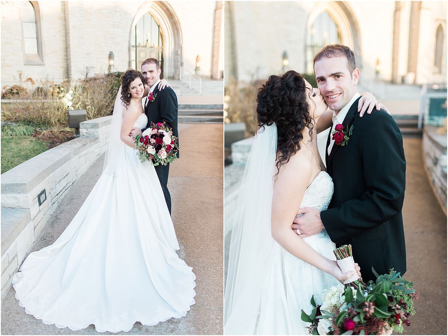 Arielle Peters Photography | Bride and groom outside train station on wedding day at Baker Street Train Station in Fort Wayne, Indiana.