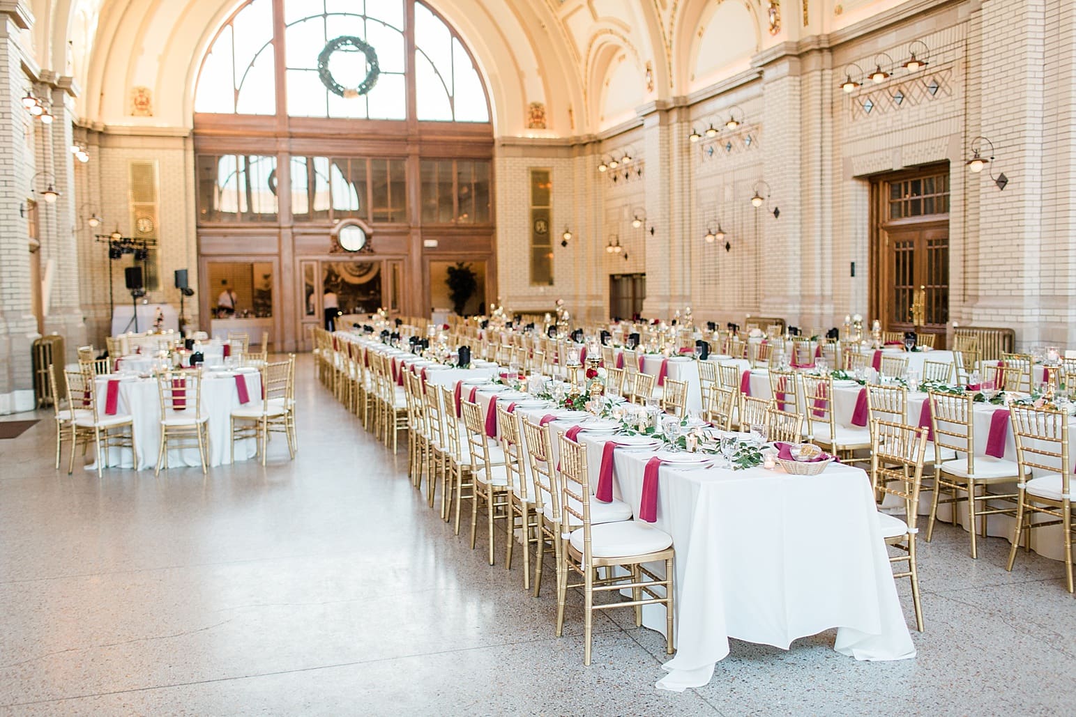 Arielle Peters Photography | Wedding reception table settings and floral arrangements at Baker Street Train Station in Fort Wayne, Indiana.