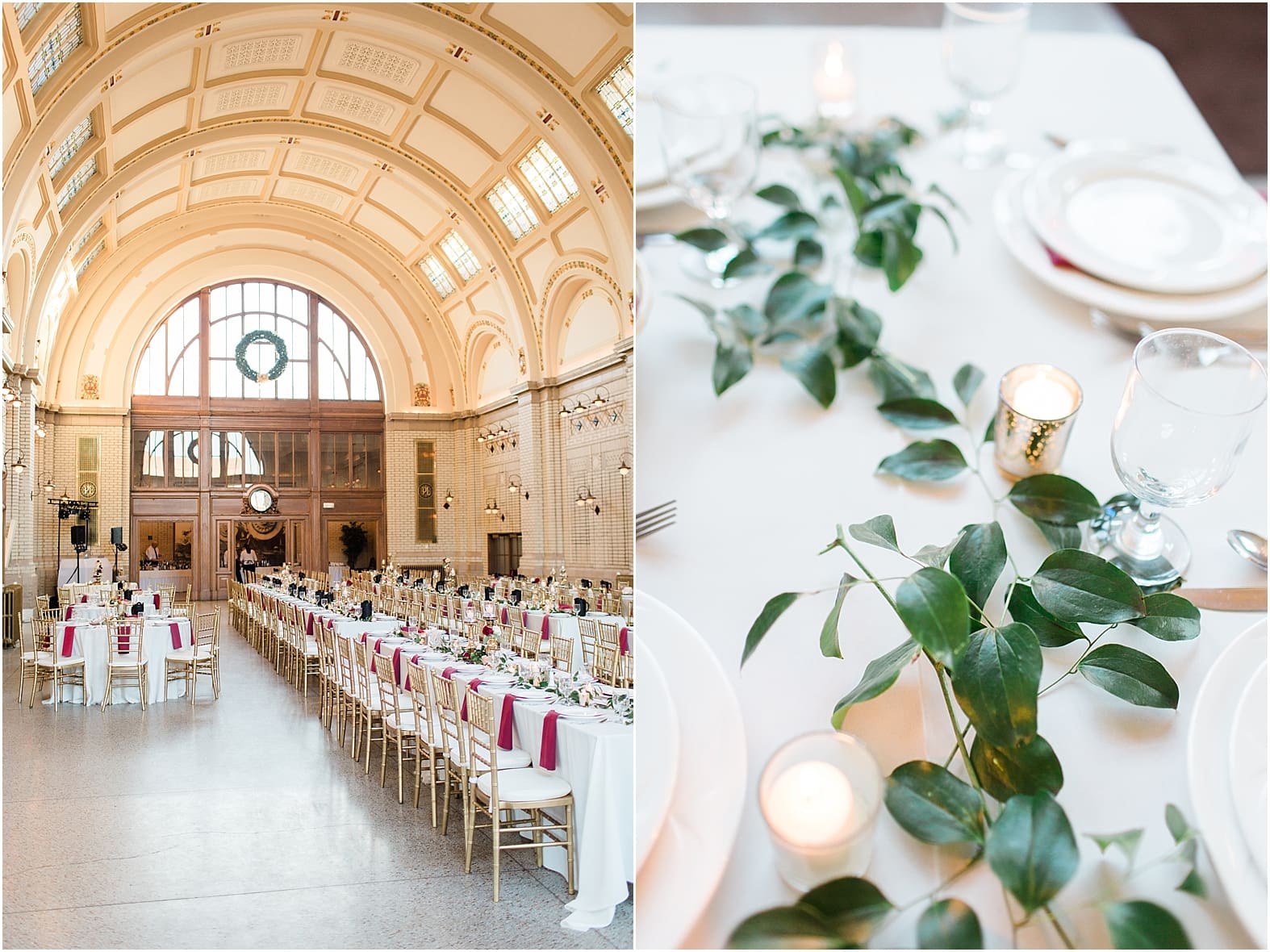 Arielle Peters Photography | Wedding reception table settings and floral arrangements at Baker Street Train Station in Fort Wayne, Indiana.