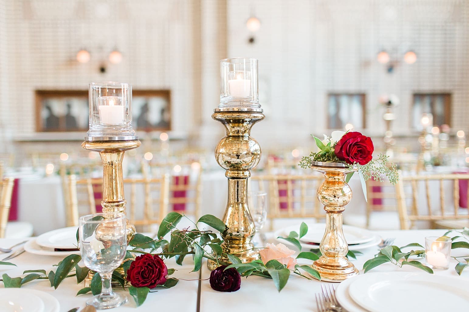 Arielle Peters Photography | Wedding reception table settings and floral arrangements at Baker Street Train Station in Fort Wayne, Indiana.