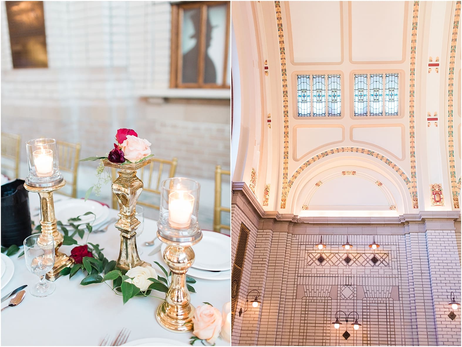 Arielle Peters Photography | Wedding reception table settings and floral arrangements at Baker Street Train Station in Fort Wayne, Indiana.