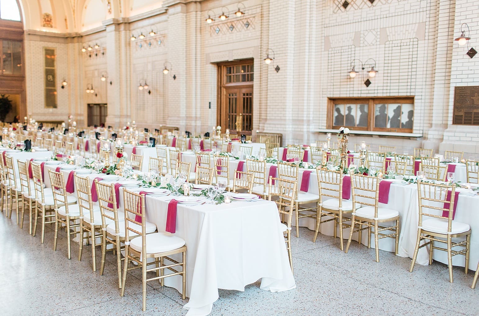 Arielle Peters Photography | Wedding reception table settings and floral arrangements at Baker Street Train Station in Fort Wayne, Indiana.