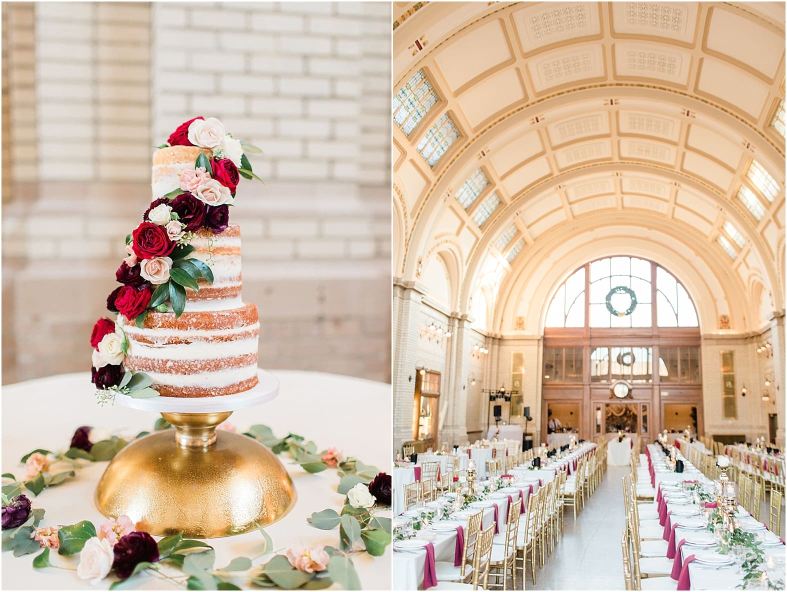 Arielle Peters Photography | Wedding reception table settings and floral cake at Baker Street Train Station in Fort Wayne, Indiana.