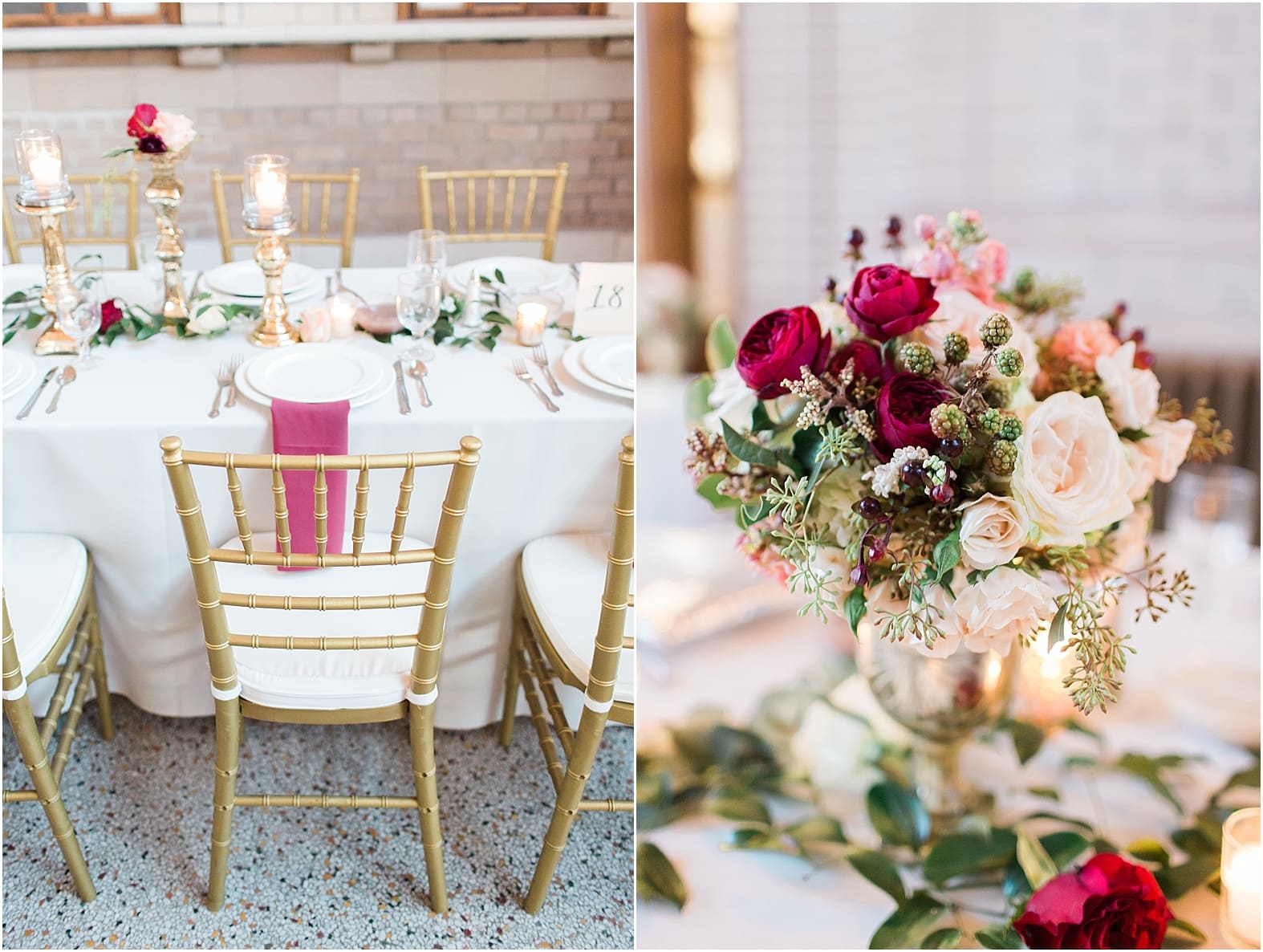 Arielle Peters Photography | Wedding reception table settings and floral arrangements at Baker Street Train Station in Fort Wayne, Indiana.