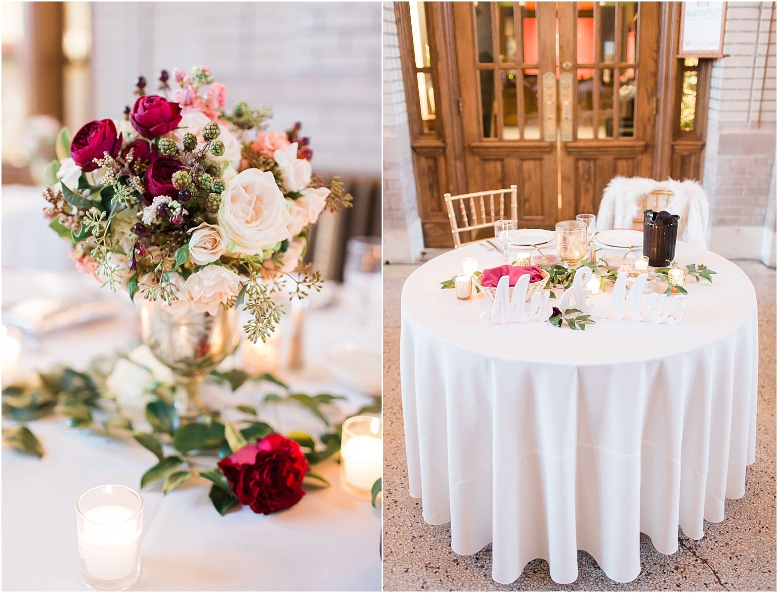 Arielle Peters Photography | Wedding reception table settings and floral arrangements at Baker Street Train Station in Fort Wayne, Indiana.