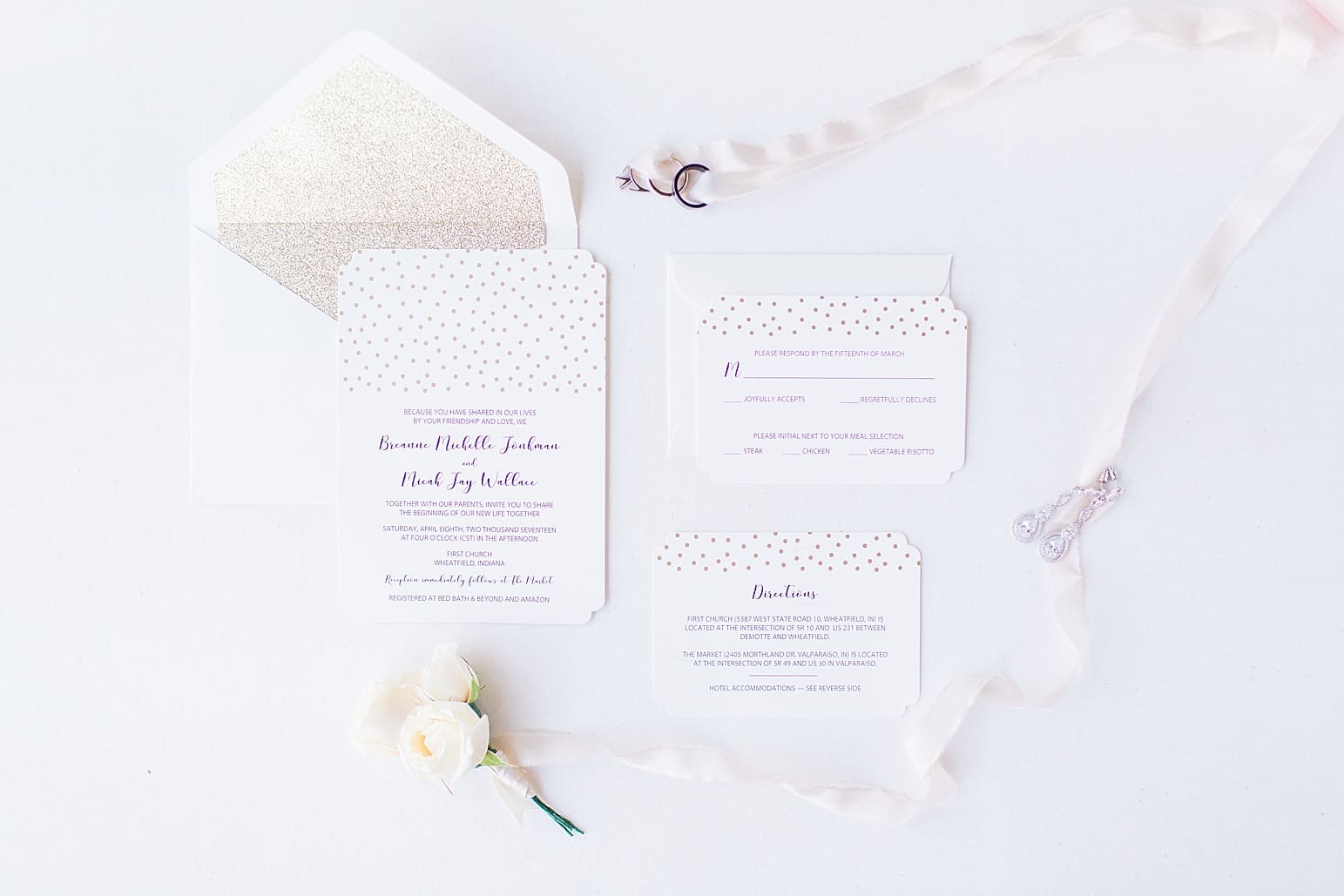 Arielle Peters Photography | Wedding invitations and jewelry on white background on wedding day at The Market in Valparaiso, Indiana.