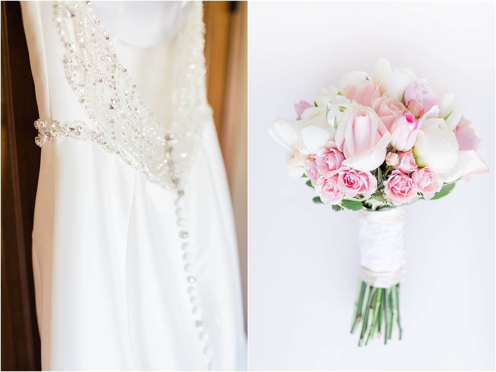 Arielle Peters Photography | Wedding dress hanging on wood doors on wedding day at The Market in Valparaiso, Indiana.