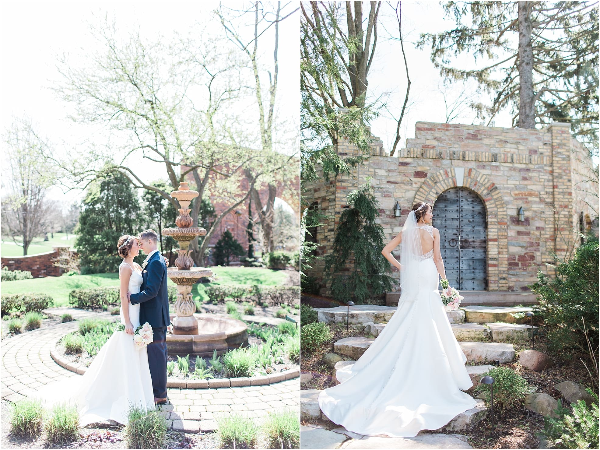 Arielle Peters Photography | Bride and groom next to old fountain in garden on wedding day at The Market in Valparaiso, Indiana.