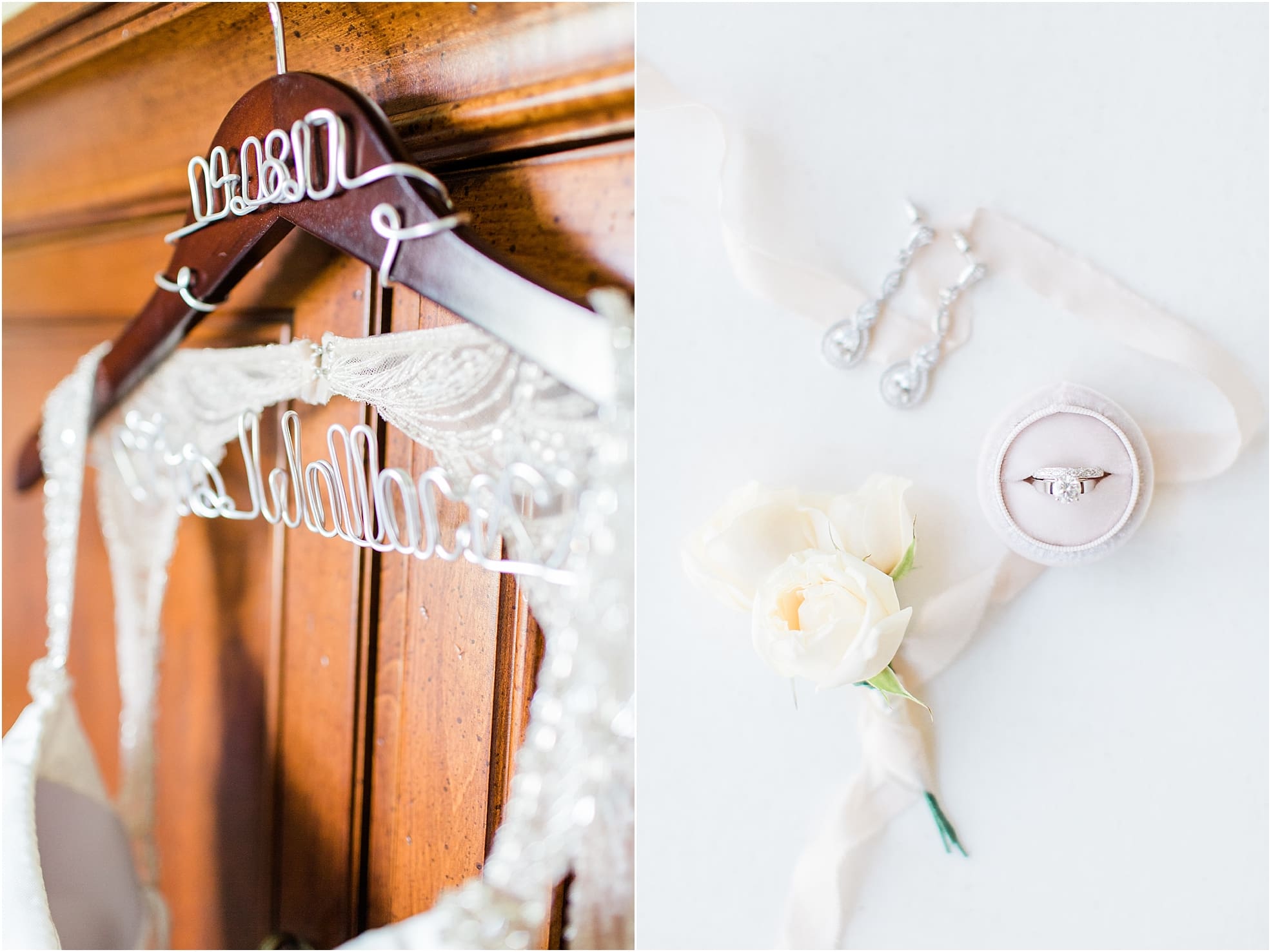 Arielle Peters Photography | Wedding dress hanging on wood doors on wedding day at The Market in Valparaiso, Indiana.