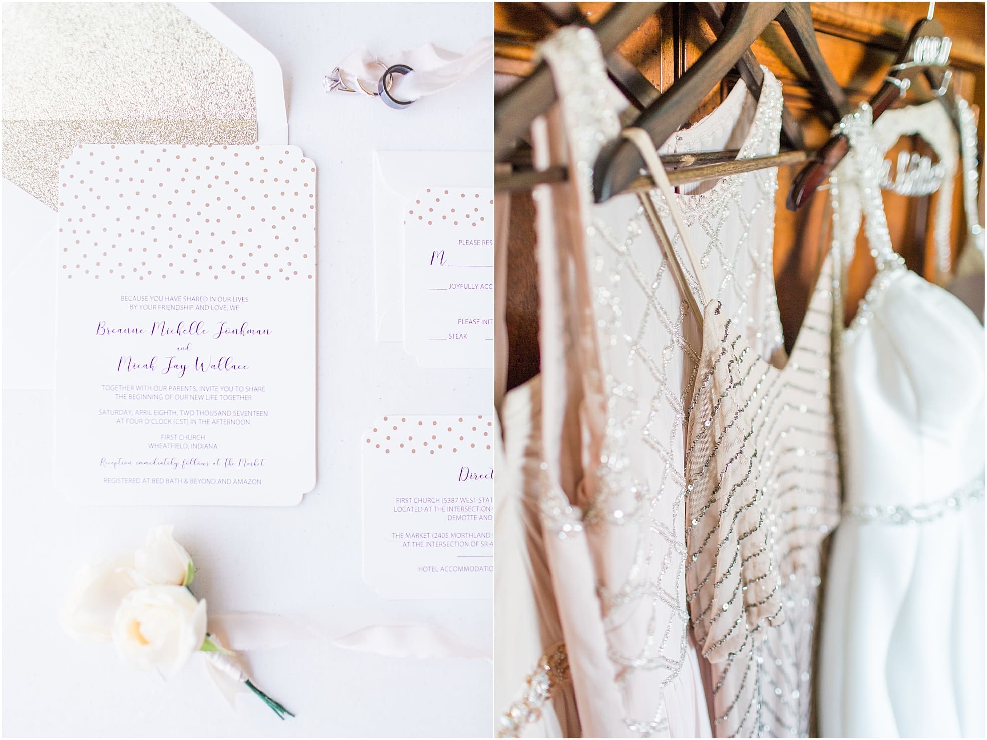 Arielle Peters Photography | Bridesmaids dresses hanging on wood door on wedding day at The Market in Valparaiso, Indiana.