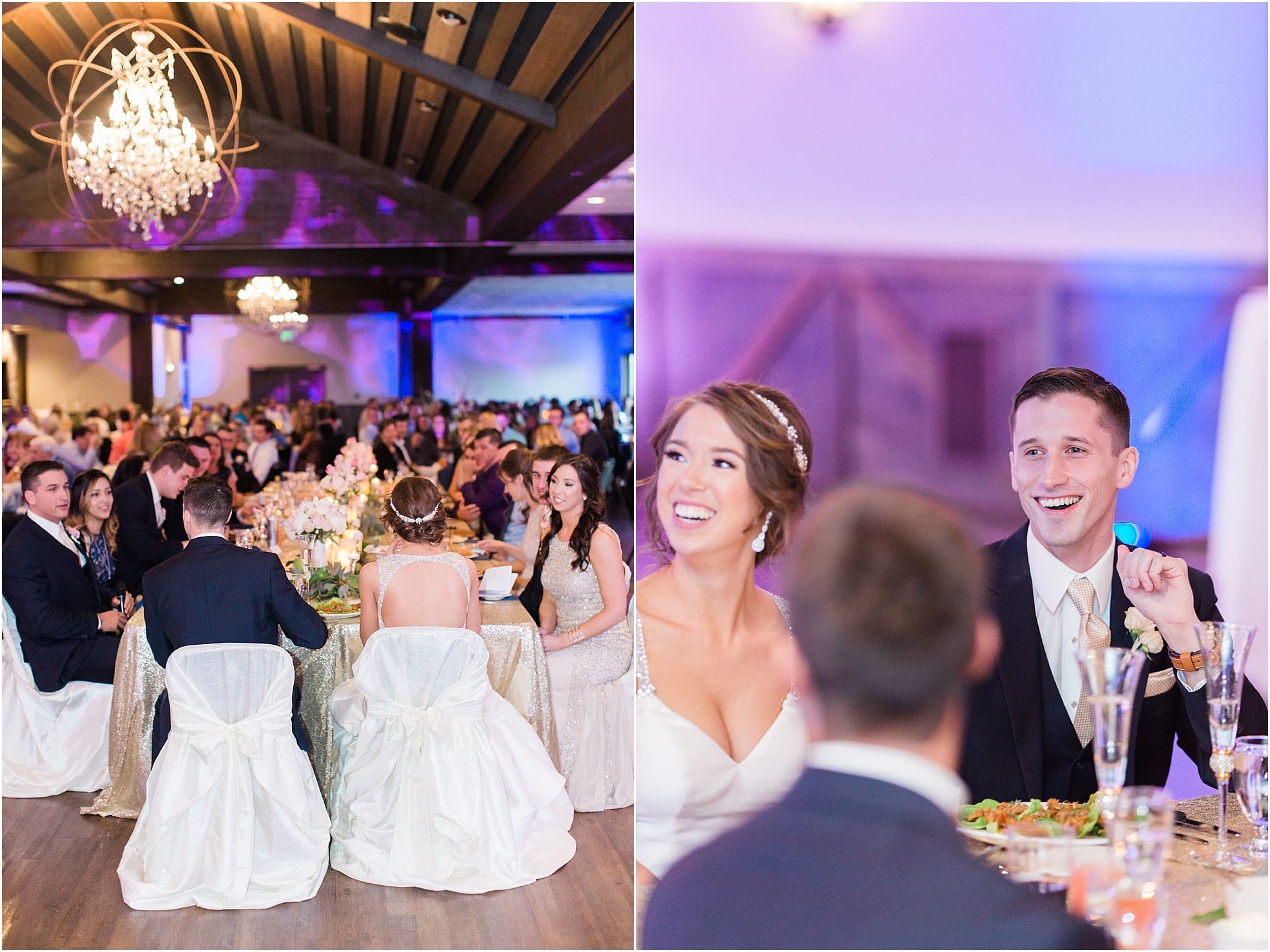 Arielle Peters Photography | Bride and groom laughing together at wedding reception at The Market in Valparaiso, Indiana.