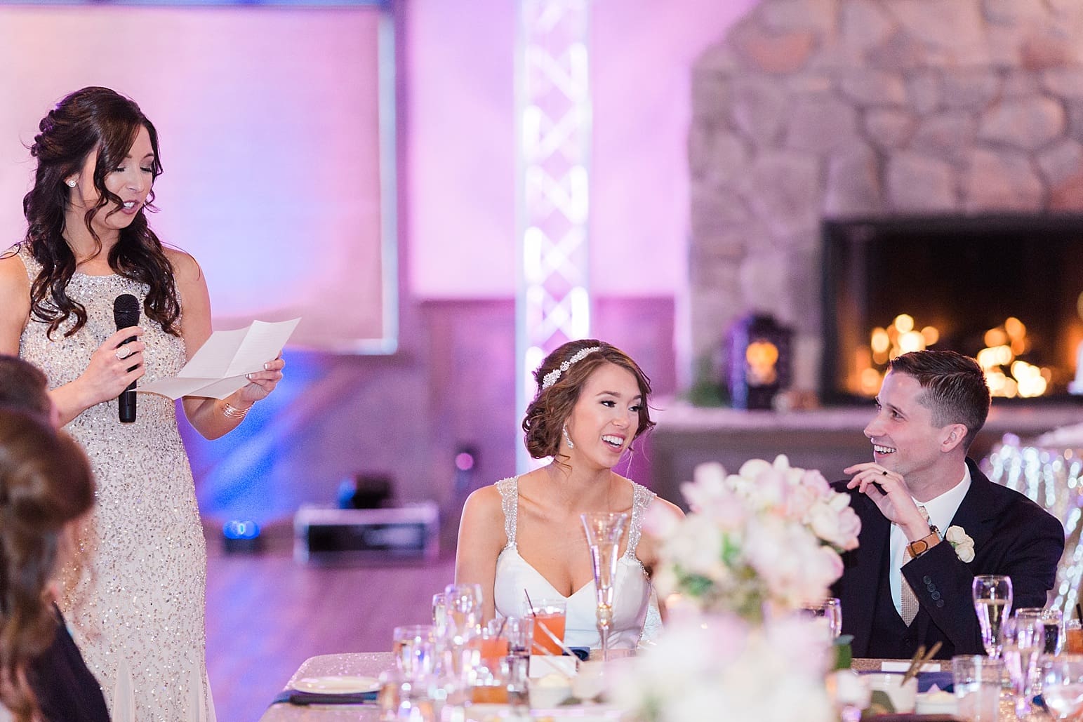 Arielle Peters Photography | Maid of honor giving a toast at wedding reception at The Market in Valparaiso, Indiana.
