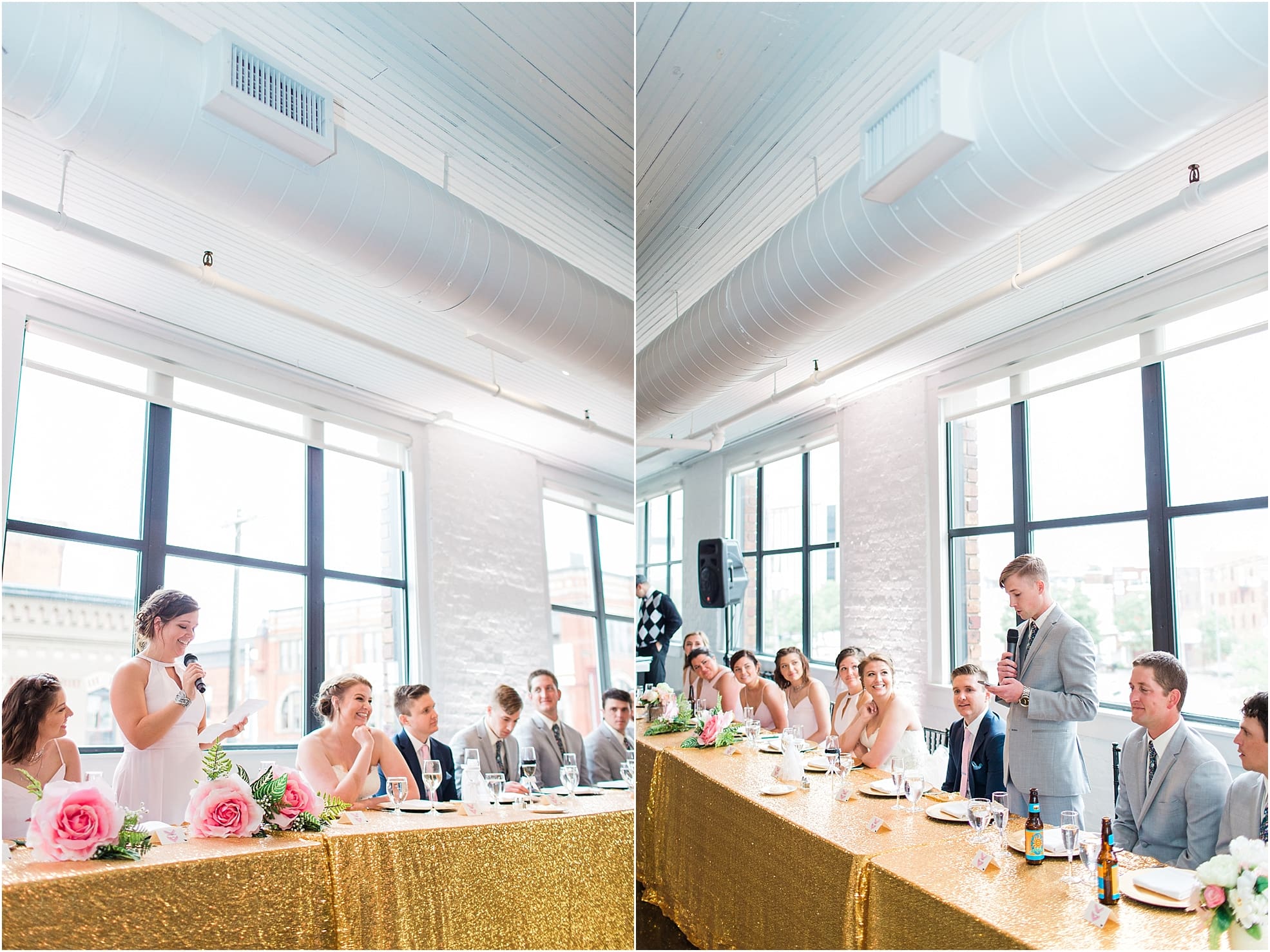 Arielle Peters Photography | Maid of honor giving toast at wedding reception at Loft 310 in Kalamazoo, Michigan.