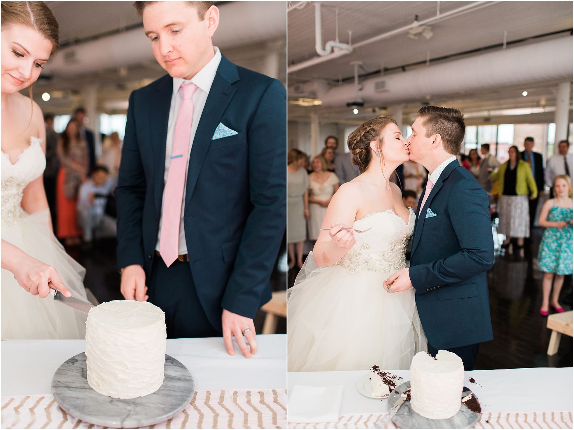 Arielle Peters Photography | Bride and groom cutting wedding cake at wedding reception at Loft 310 in Kalamazoo, Michigan.