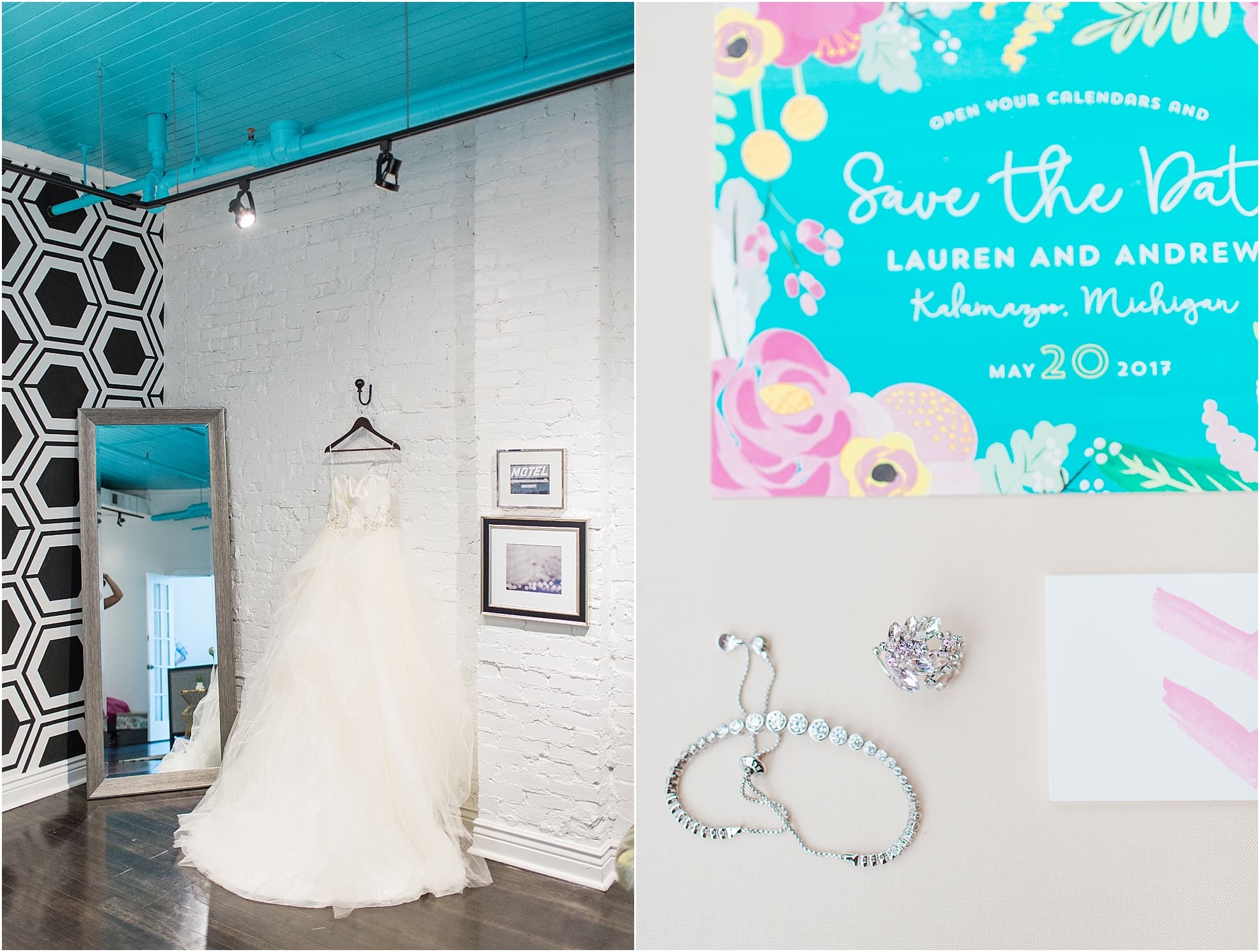 Arielle Peters Photography | Wedding dress hanging on white brick wall on wedding day at Loft 310 in Kalamazoo, Michigan.