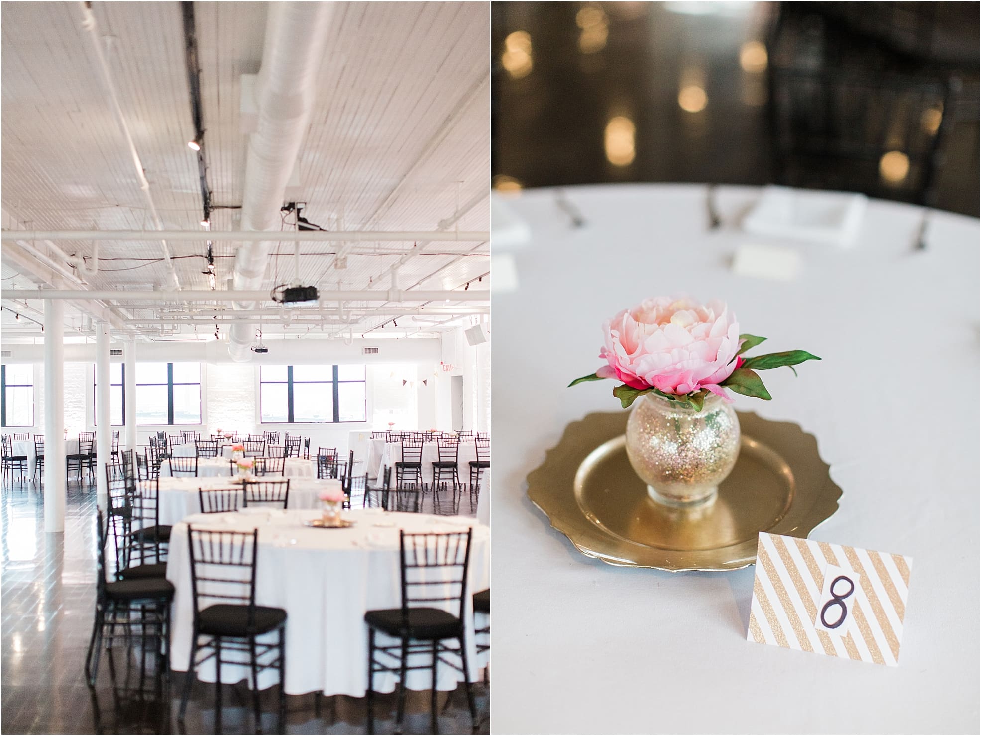Arielle Peters Photography | Wedding reception table settings and floral arrangements on wedding day at Loft 310 in Kalamazoo, Michigan.
