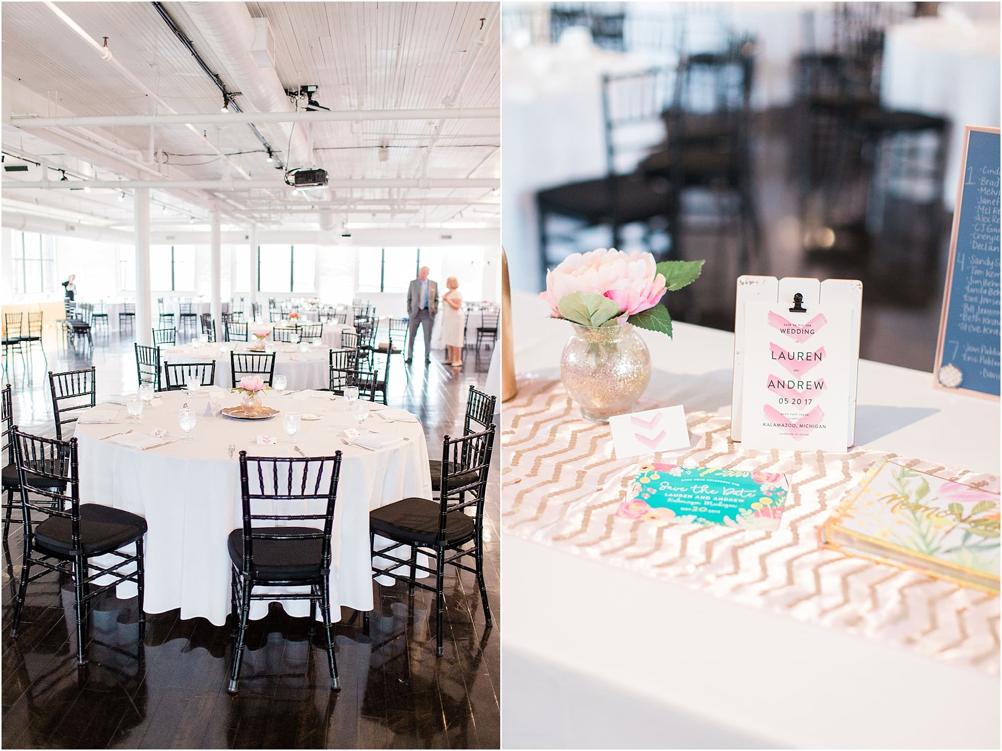 Arielle Peters Photography | Wedding reception table settings and floral arrangements on wedding day at Loft 310 in Kalamazoo, Michigan.