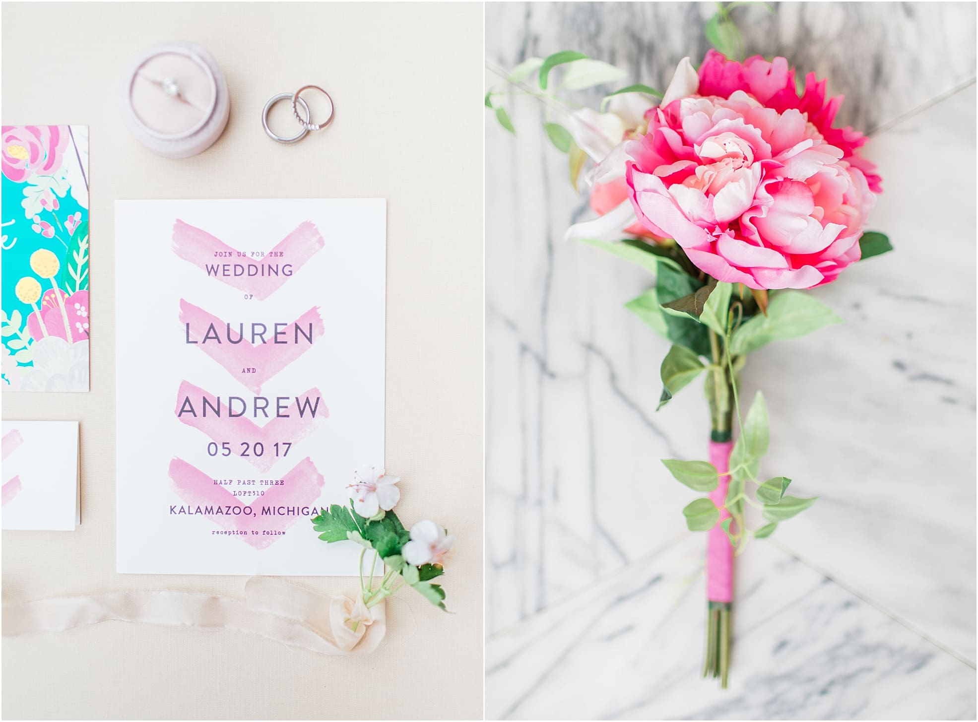 Arielle Peters Photography | Pink peony bridal bouquet on marble background on wedding day at Loft 310 in Kalamazoo, Michigan.