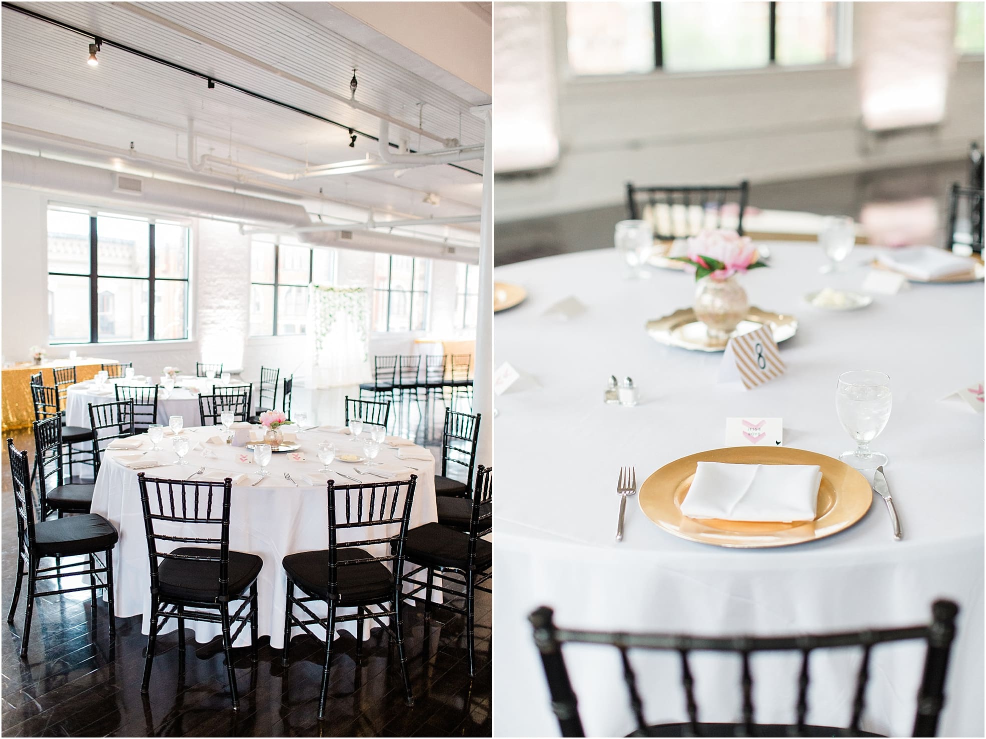 Arielle Peters Photography | Wedding reception table settings and floral arrangements on wedding day at Loft 310 in Kalamazoo, Michigan.