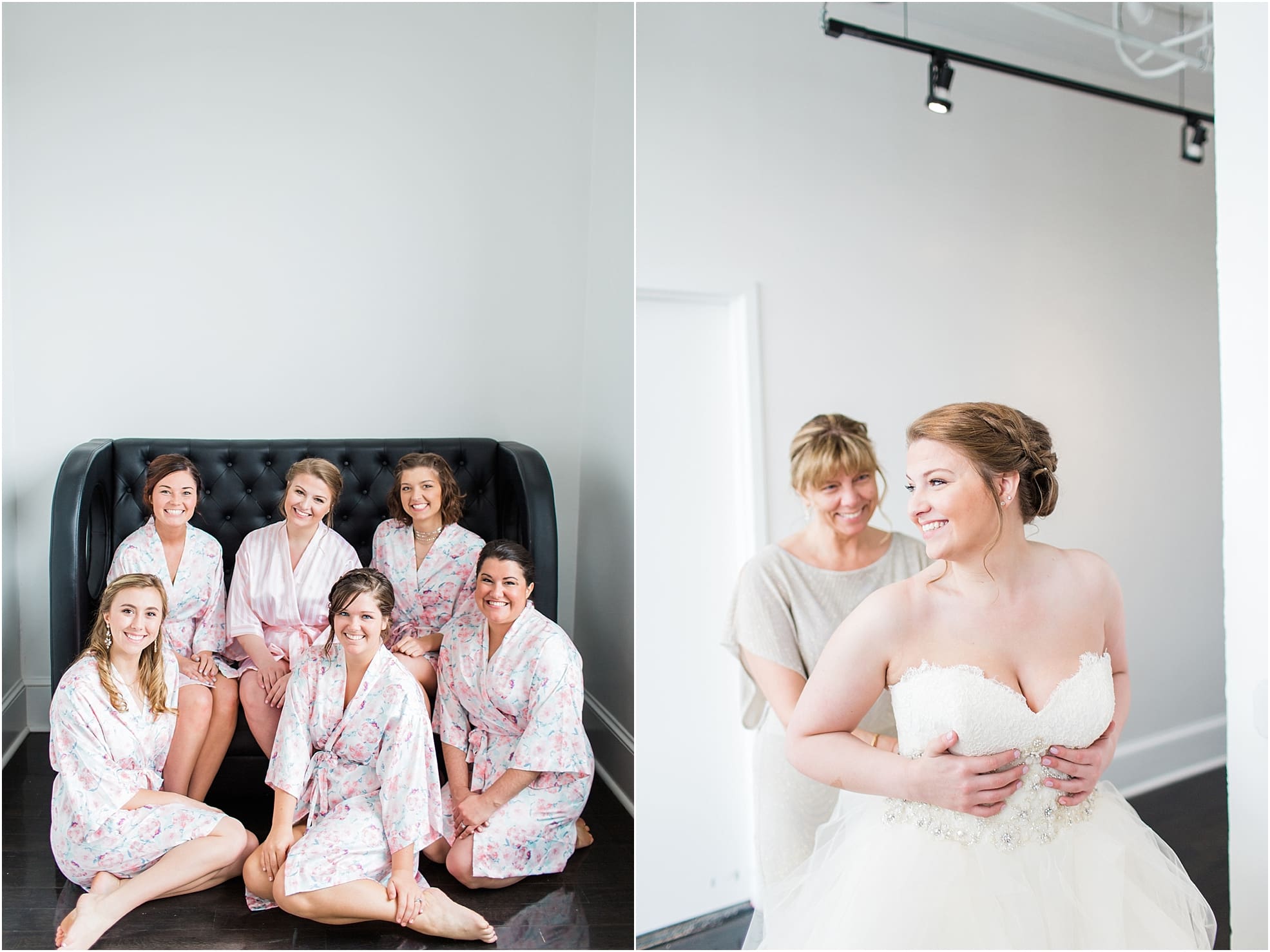 Arielle Peters Photography | Mother of bride helping bride put on dress on wedding day at Loft 310 in Kalamazoo, Michigan.