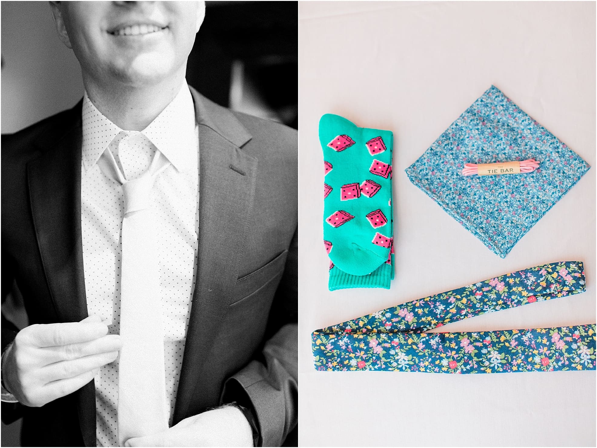 Arielle Peters Photography | Groom fun tie and socks on wedding day at Loft 310 in Kalamazoo, Michigan.