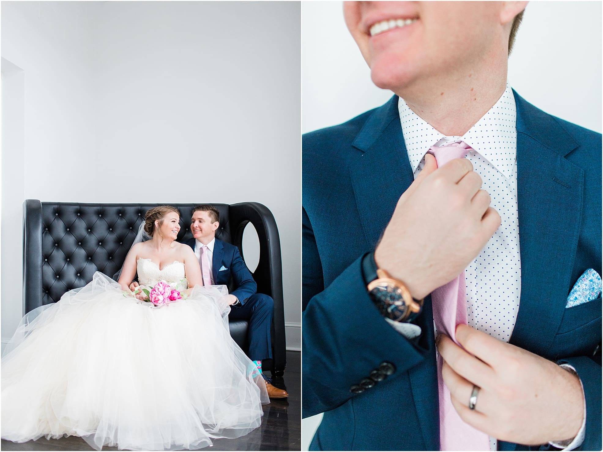 Arielle Peters Photography | Bride and groom sitting on leather couch on wedding day at Loft 310 in Kalamazoo, Michigan.