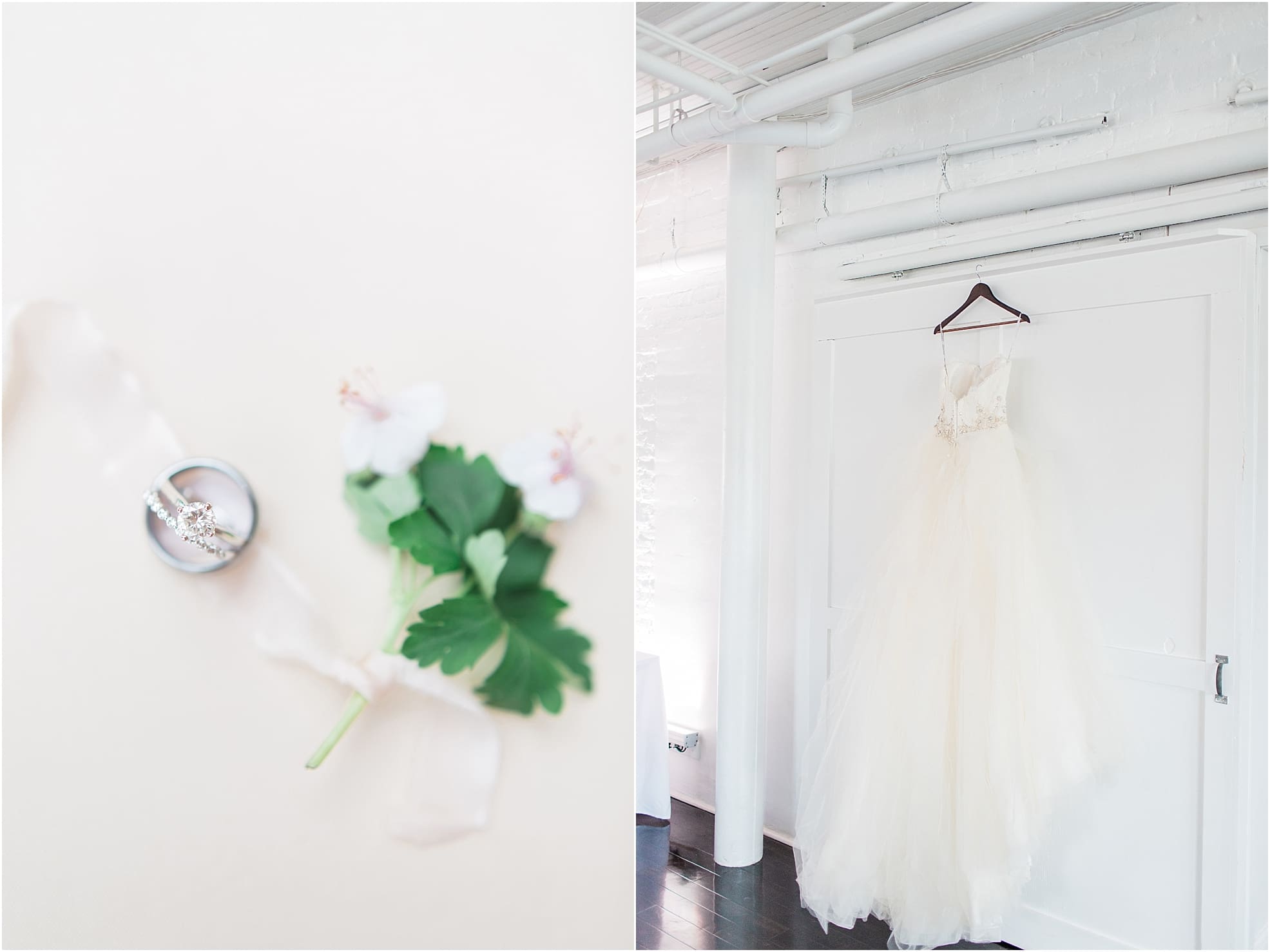 Arielle Peters Photography | Wedding dress hanging on loft door on wedding day at Loft 310 in Kalamazoo, Michigan.