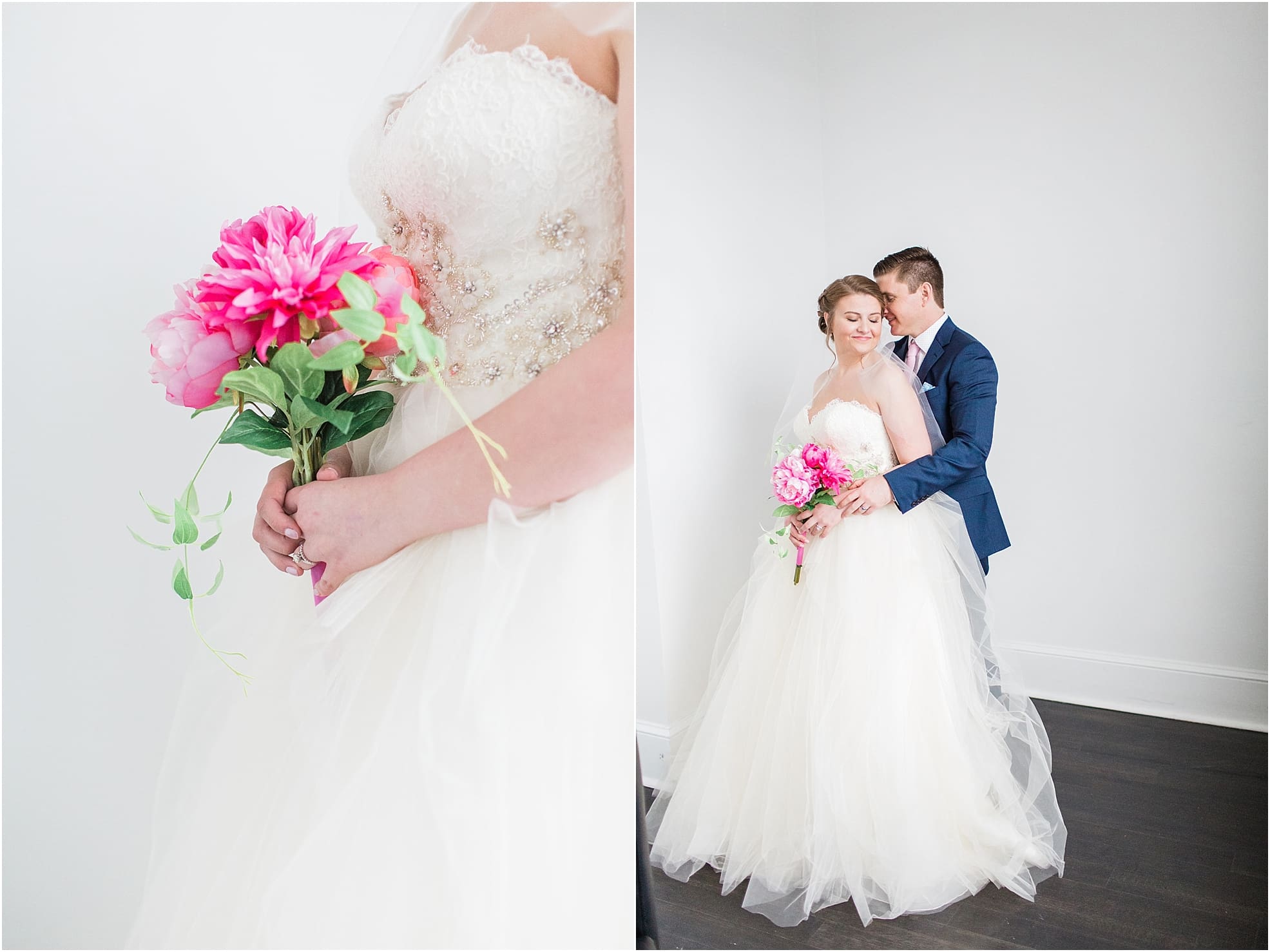 Arielle Peters Photography | Bride and groom next to loft window on wedding day at Loft 310 in Kalamazoo, Michigan.