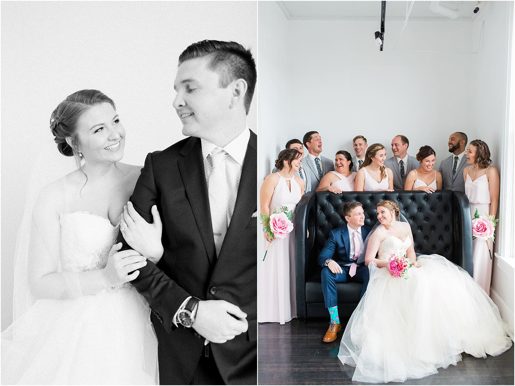 Arielle Peters Photography | Bride and groom sitting on leather couch on wedding day at Loft 310 in Kalamazoo, Michigan.