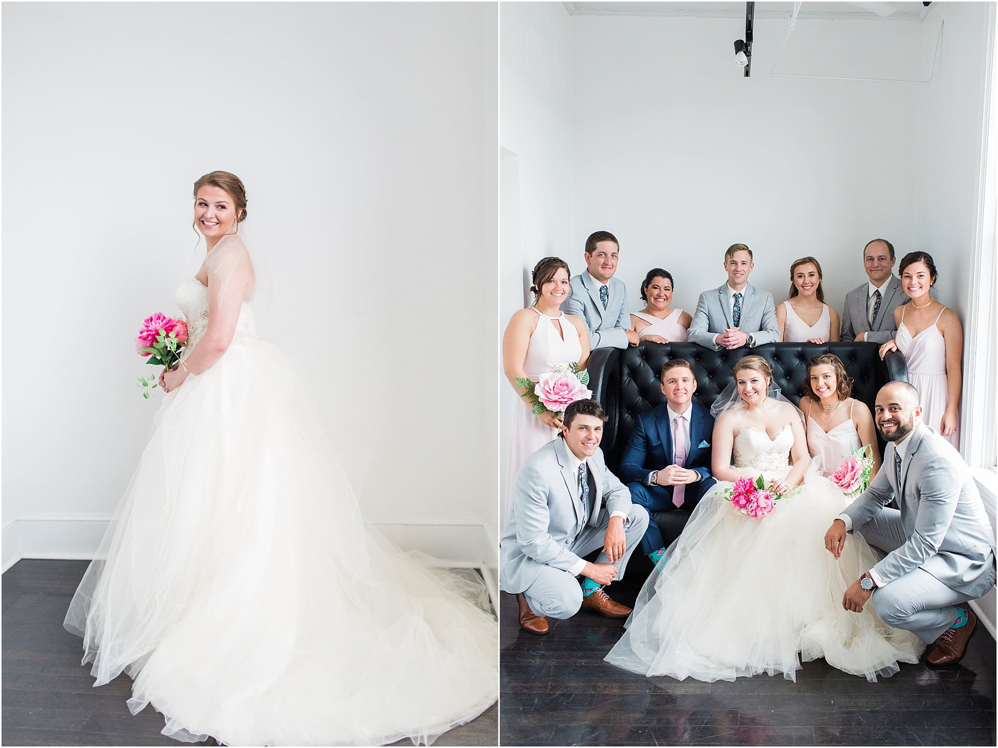 Arielle Peters Photography | Wedding party surrounding leather couch on wedding day at Loft 310 in Kalamazoo, Michigan.