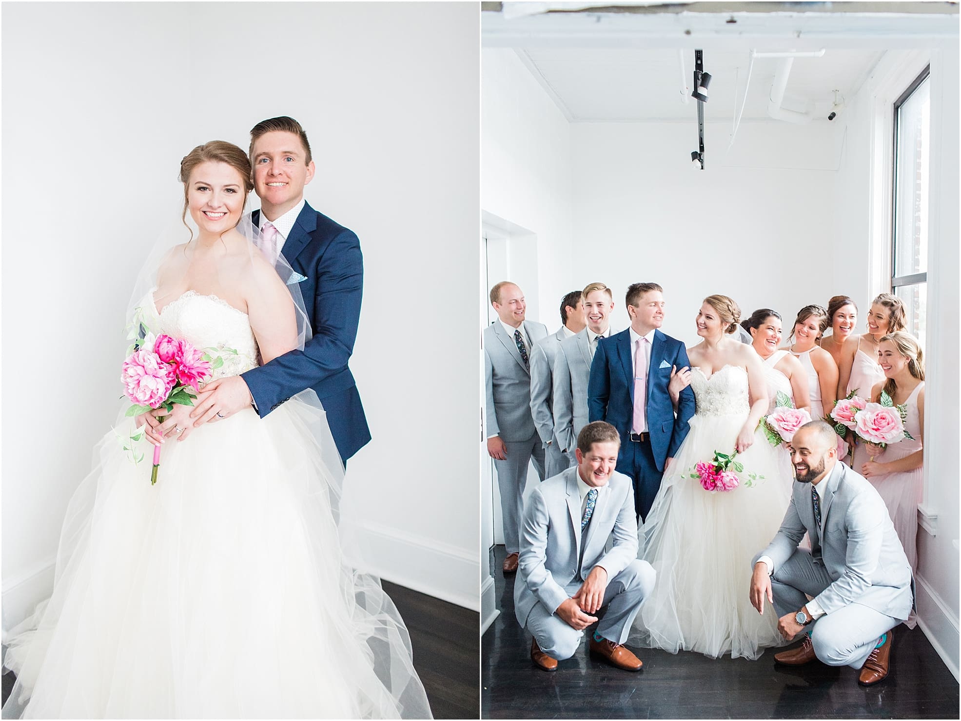 Arielle Peters Photography | Wedding party next to large loft window on wedding day at Loft 310 in Kalamazoo, Michigan.