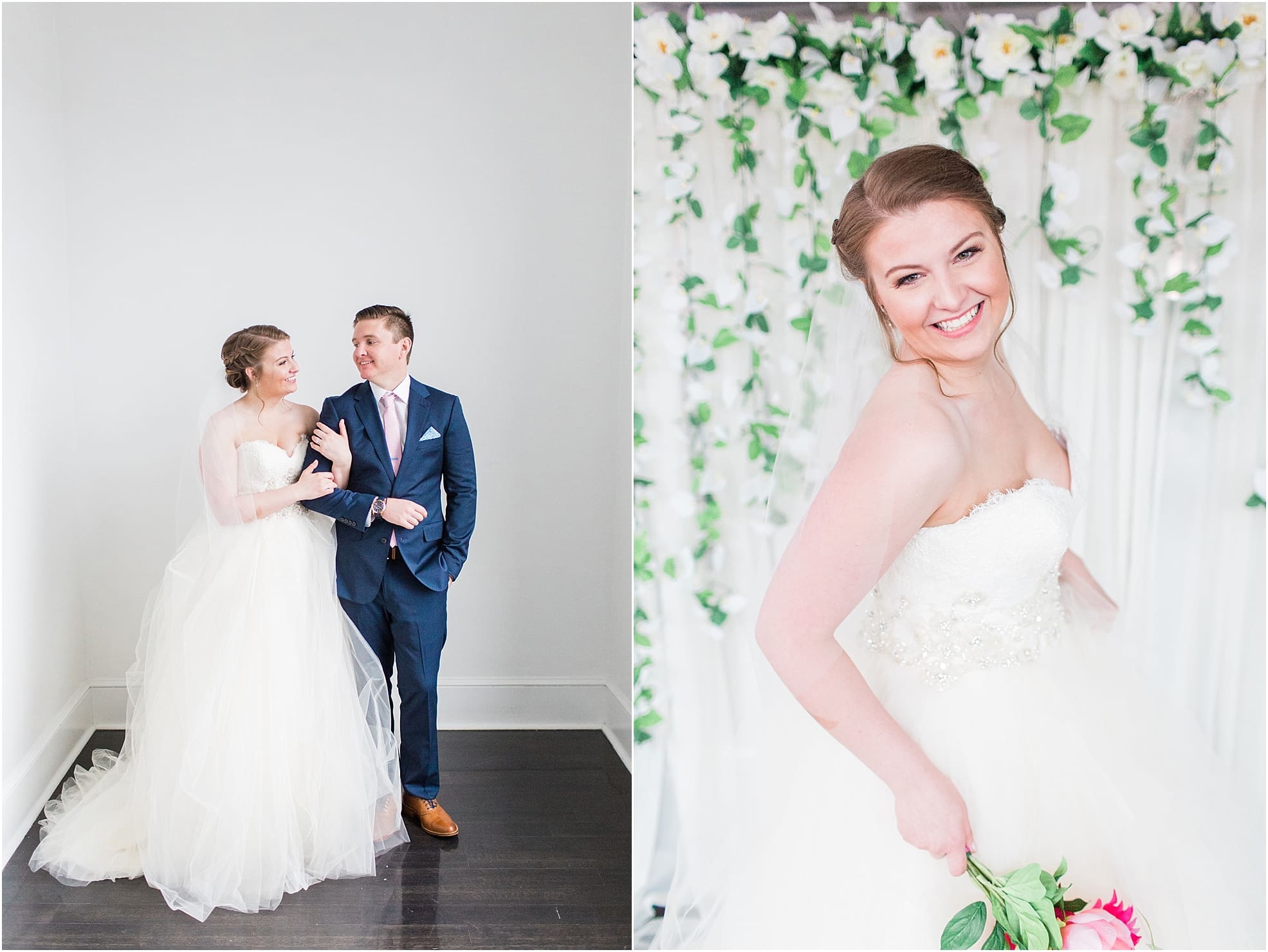 Arielle Peters Photography | Bride in front of floral backdrop on wedding day at Loft 310 in Kalamazoo, Michigan.