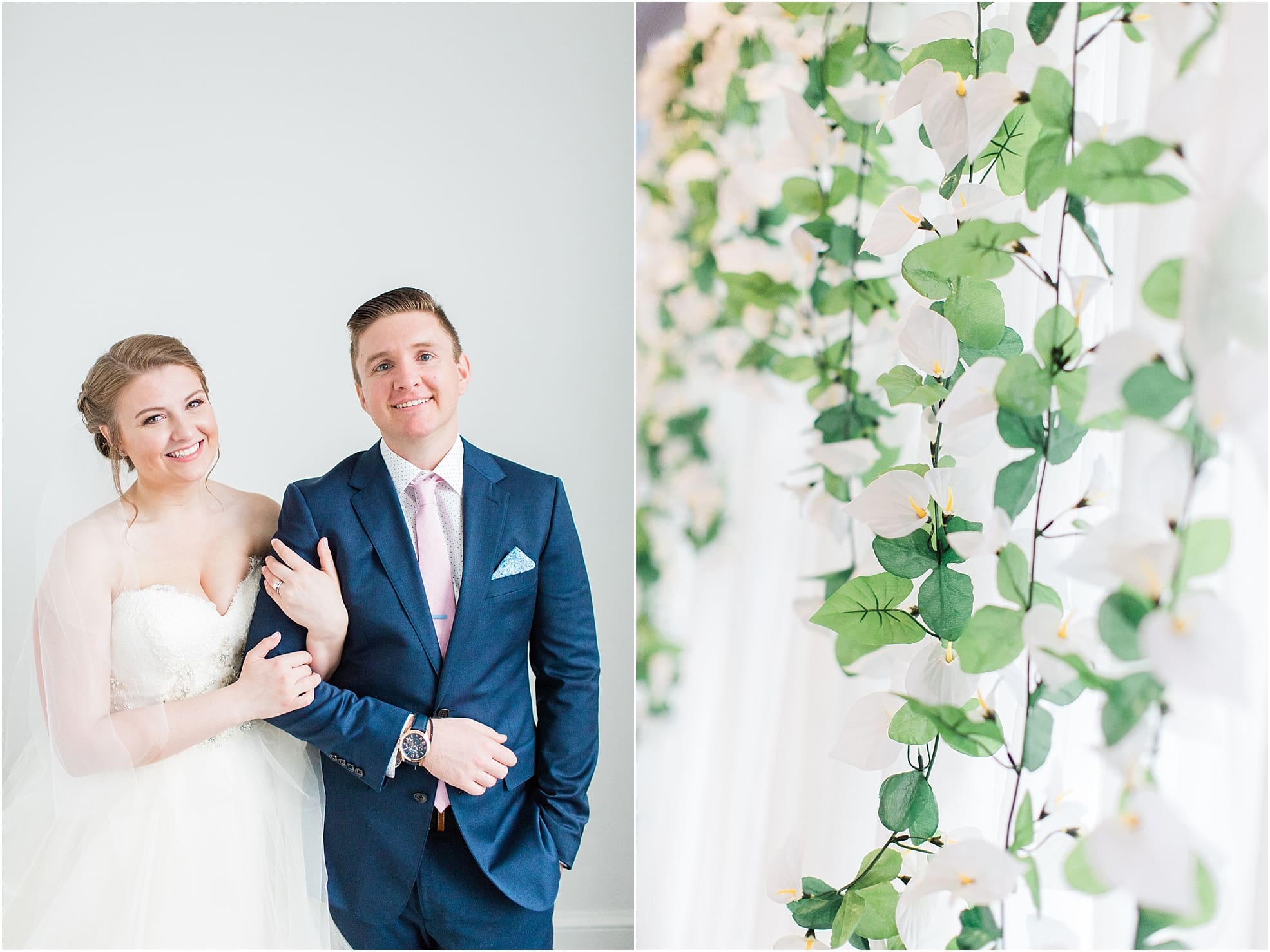 Arielle Peters Photography | Bride and groom next to white wall on wedding day at Loft 310 in Kalamazoo, Michigan.