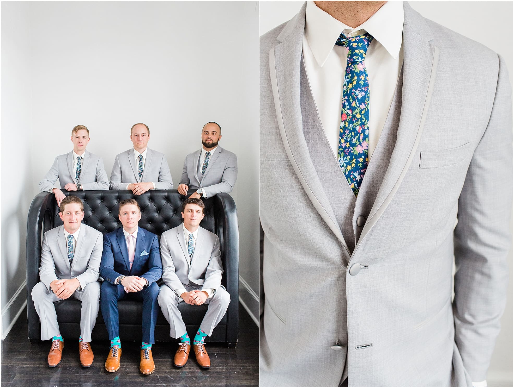 Arielle Peters Photography | Groom and groomsmen sitting on leather couch on wedding day at Loft 310 in Kalamazoo, Michigan.