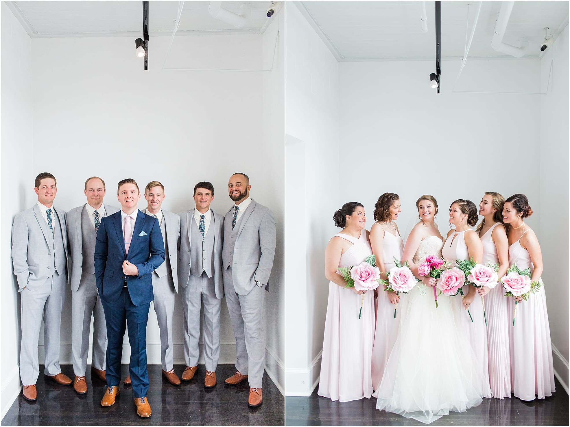 Arielle Peters Photography | Groom and groomsmen next to white walls on wedding day at Loft 310 in Kalamazoo, Michigan.